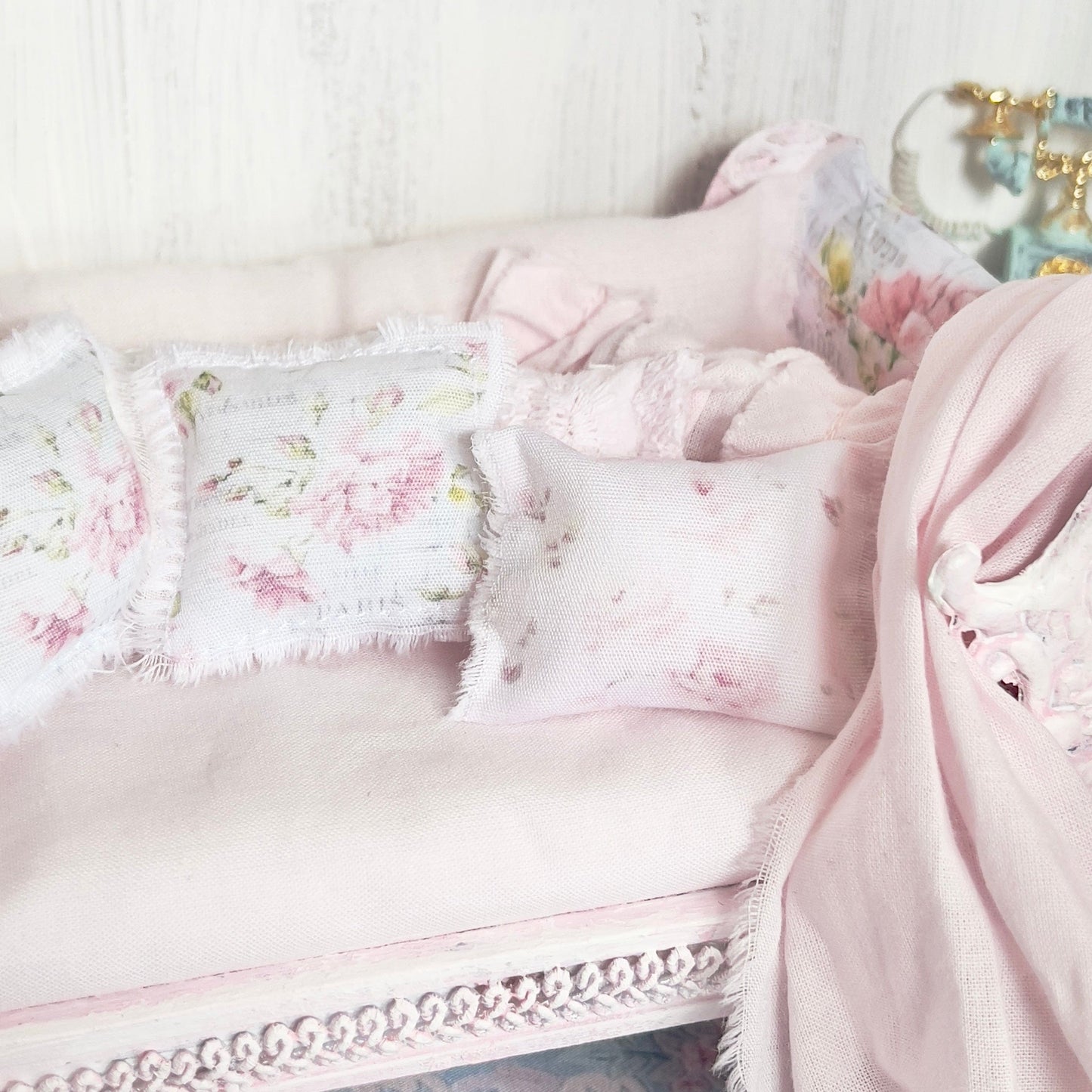Chantallena Doll House Dressed Day Bed Bedding|Shabby Blue Floral and Striped Cotton 1:12 Scale Dollhouse Set | Rose Daydreams