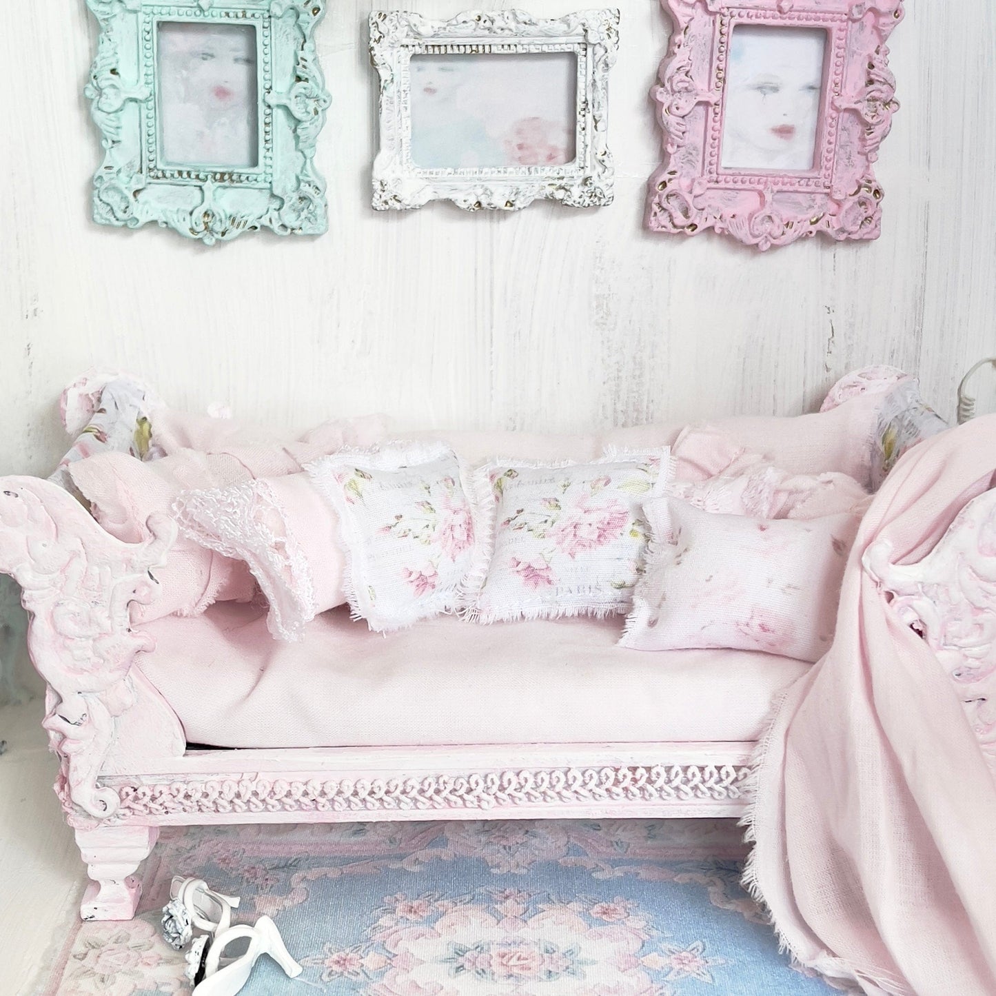 Chantallena Doll House Dressed Day Bed Bedding|Shabby Blue Floral and Striped Cotton 1:12 Scale Dollhouse Set | Rose Daydreams