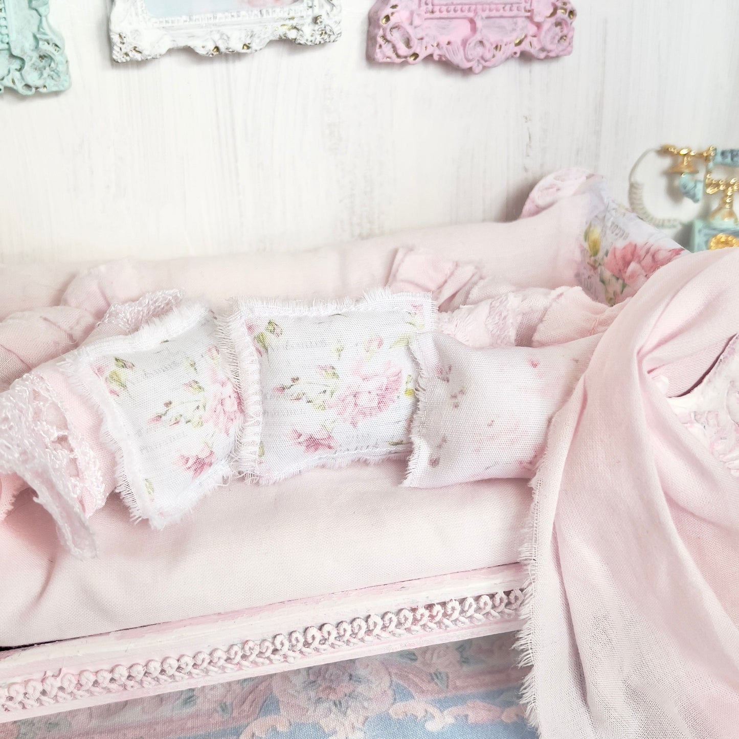 Chantallena Doll House Dressed Day Bed Bedding|Shabby Blue Floral and Striped Cotton 1:12 Scale Dollhouse Set | Rose Daydreams