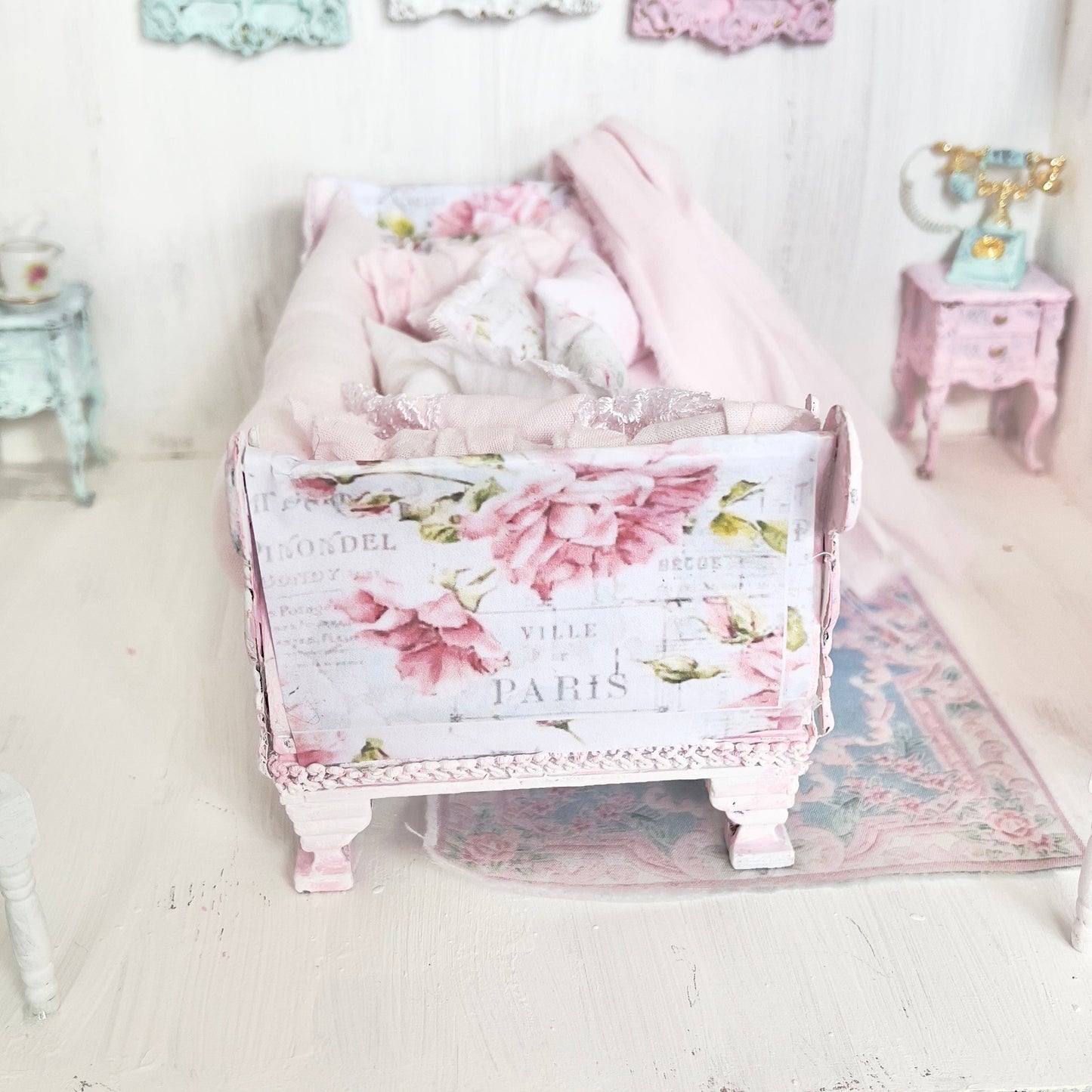 Chantallena Doll House Dressed Day Bed Bedding|Shabby Blue Floral and Striped Cotton 1:12 Scale Dollhouse Set | Rose Daydreams