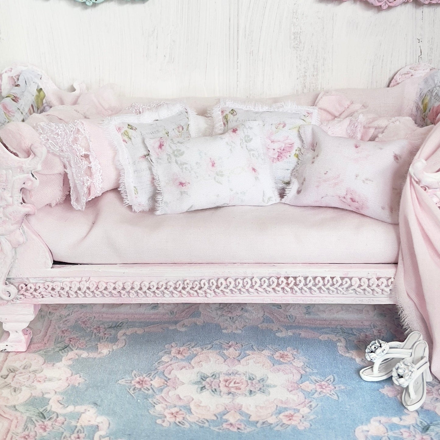 Chantallena Doll House Dressed Day Bed Bedding|Shabby Blue Floral and Striped Cotton 1:12 Scale Dollhouse Set | Rose Daydreams