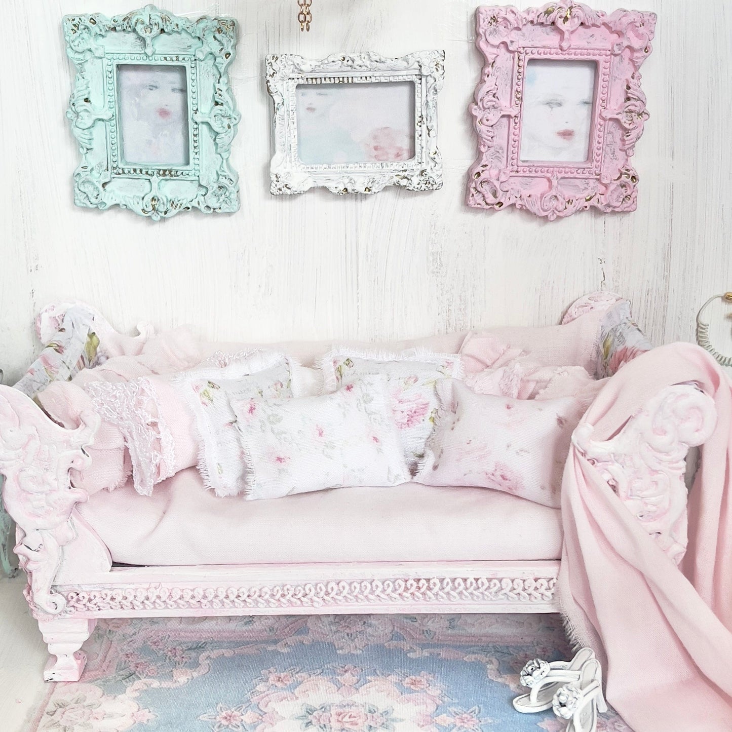 Chantallena Doll House Dressed Day Bed Bedding|Shabby Blue Floral and Striped Cotton 1:12 Scale Dollhouse Set | Rose Daydreams