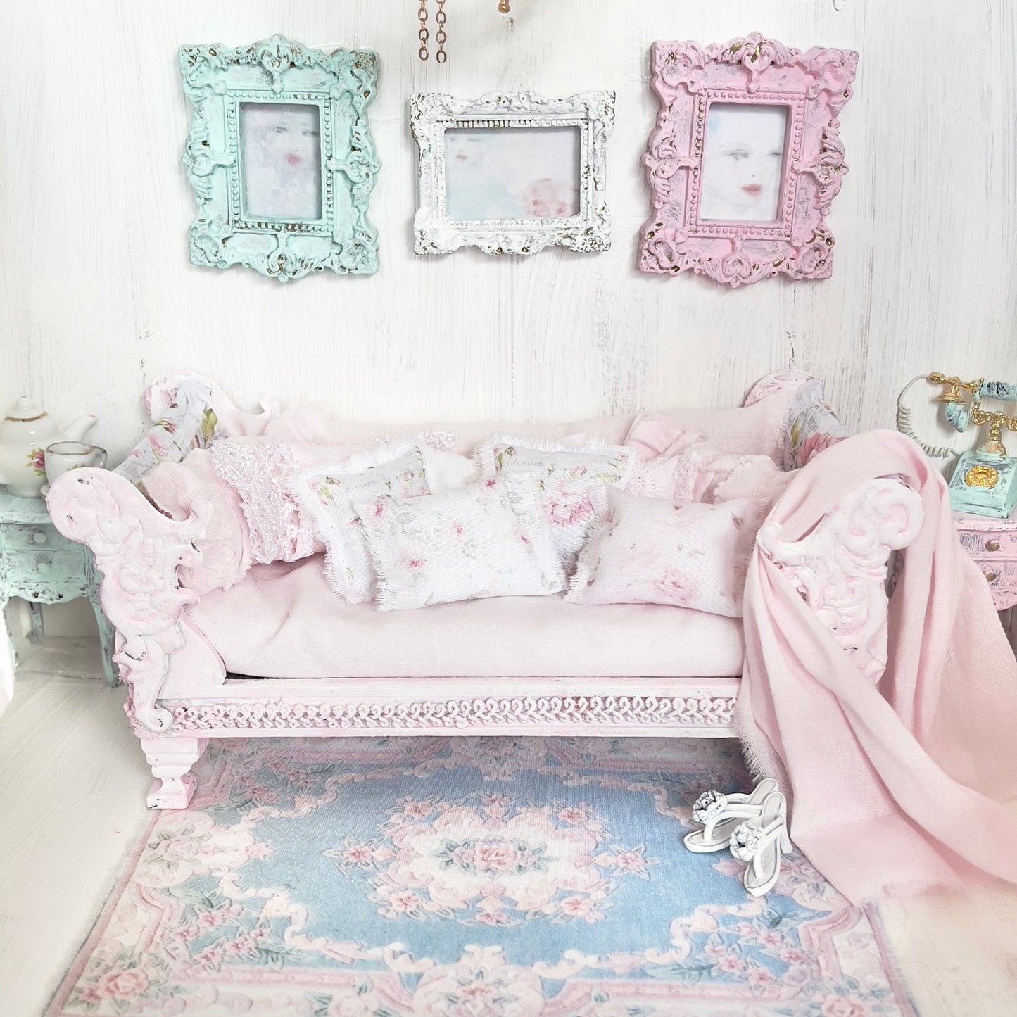 Chantallena Doll House Dressed Day Bed Bedding|Shabby Blue Floral and Striped Cotton 1:12 Scale Dollhouse Set | Rose Daydreams