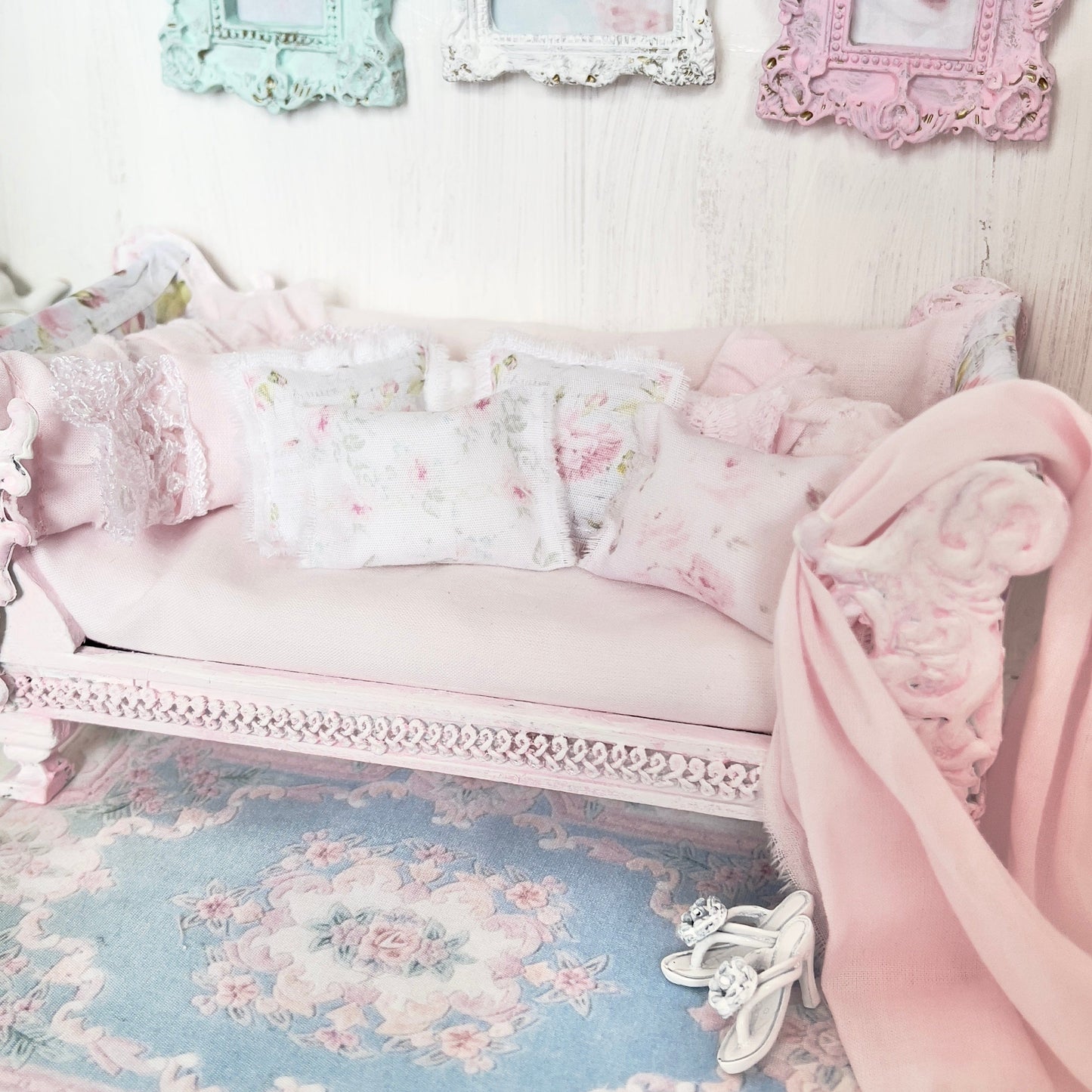 Chantallena Doll House Dressed Day Bed Bedding|Shabby Blue Floral and Striped Cotton 1:12 Scale Dollhouse Set | Rose Daydreams
