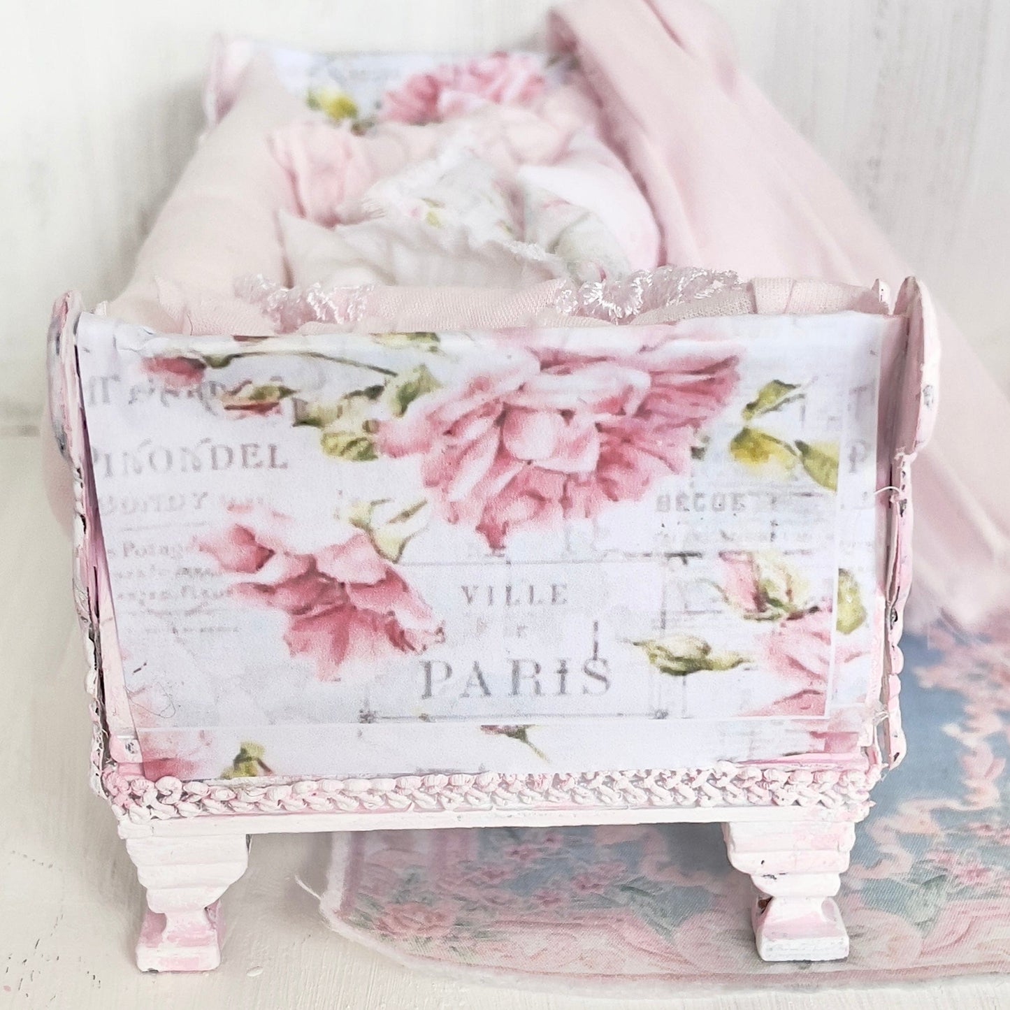 Chantallena Doll House Dressed Day Bed Bedding|Shabby Blue Floral and Striped Cotton 1:12 Scale Dollhouse Set | Rose Daydreams