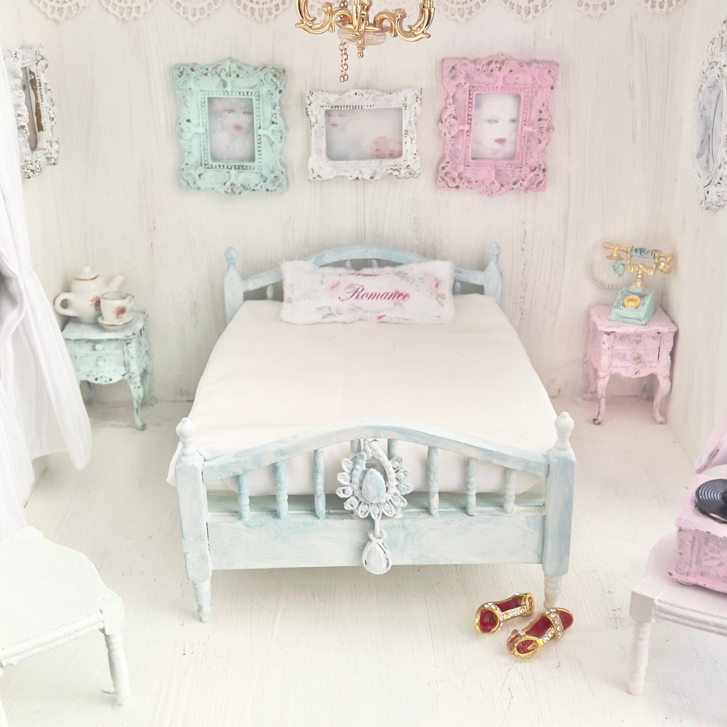 Chantallena Doll House Faded Blue Painted Wooden Bed-1:12 Scale Double Bed | Bare Romance