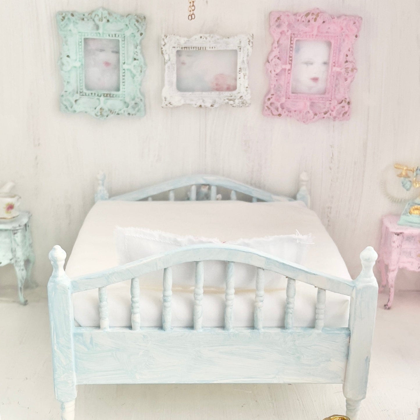 Chantallena Doll House Faded Blue Painted Wooden Bed-1:12 Scale Double Bed | Bare Romance