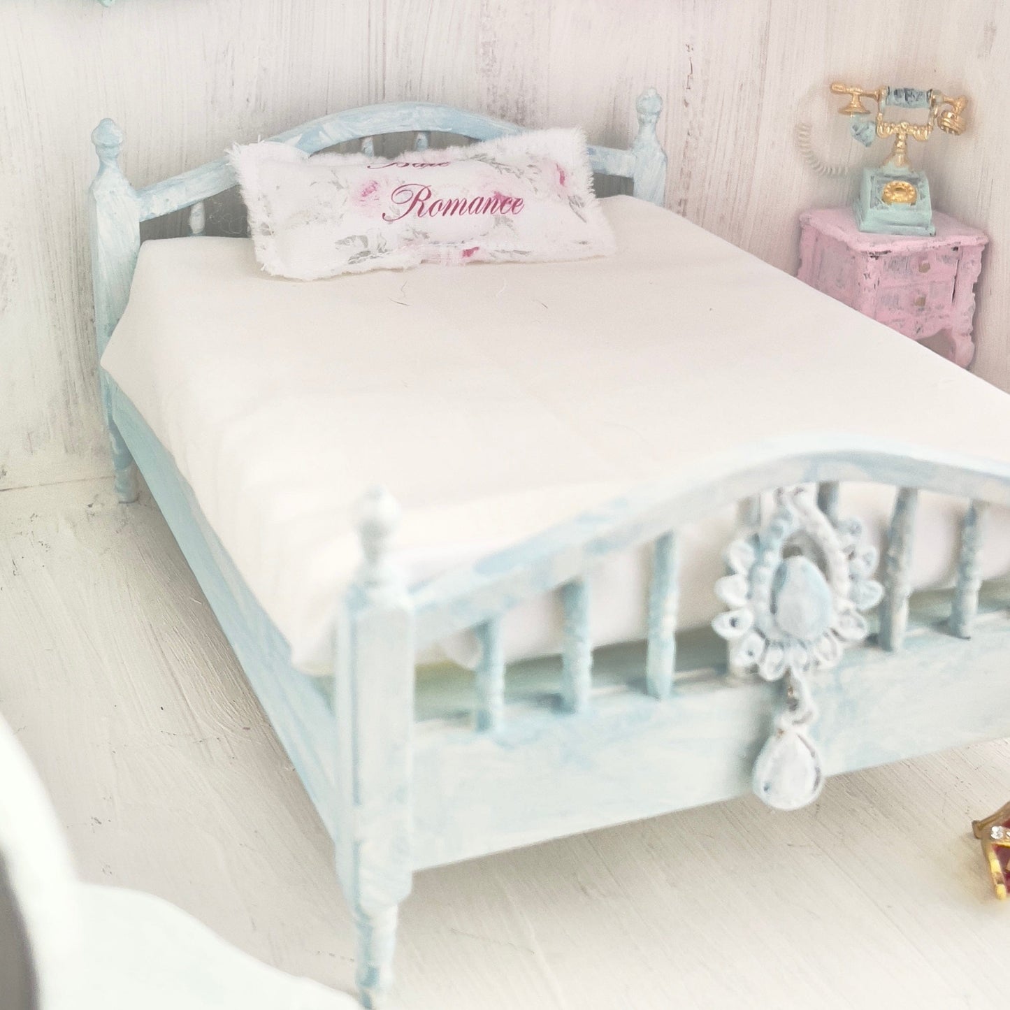 Chantallena Doll House Faded Blue Painted Wooden Bed-1:12 Scale Double Bed | Bare Romance