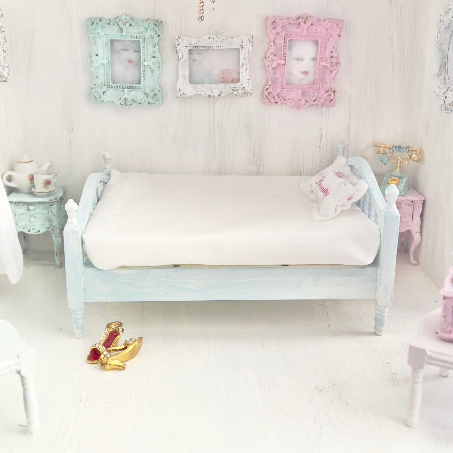 Chantallena Doll House Faded Blue Painted Wooden Bed-1:12 Scale Double Bed | Bare Romance