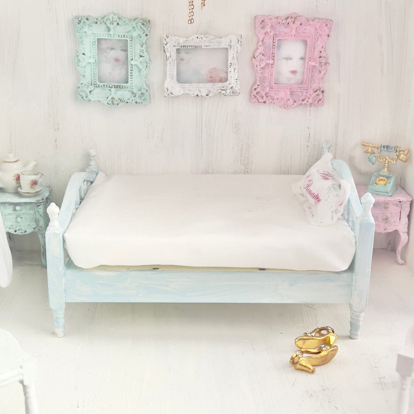 Chantallena Doll House Faded Blue Painted Wooden Bed-1:12 Scale Double Bed | Bare Romance
