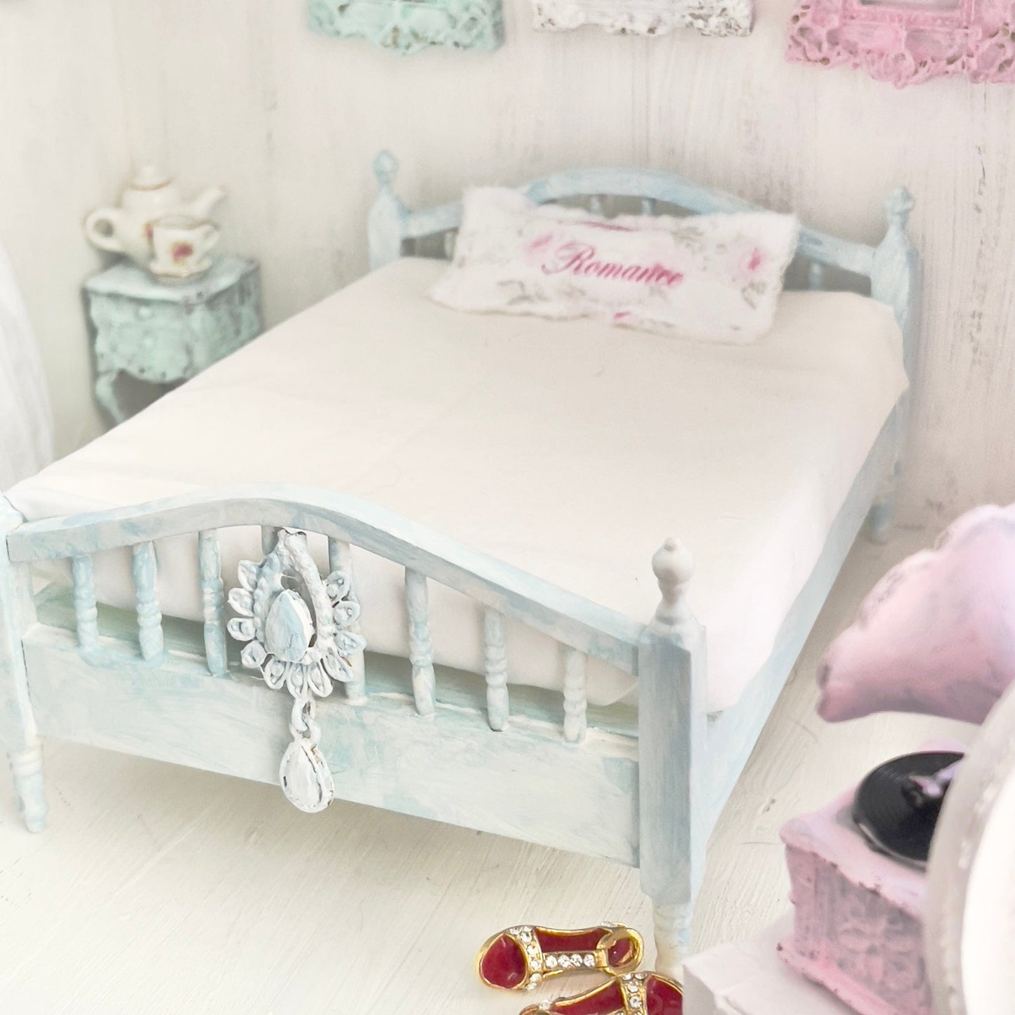 Chantallena Doll House Faded Blue Painted Wooden Bed-1:12 Scale Double Bed | Bare Romance