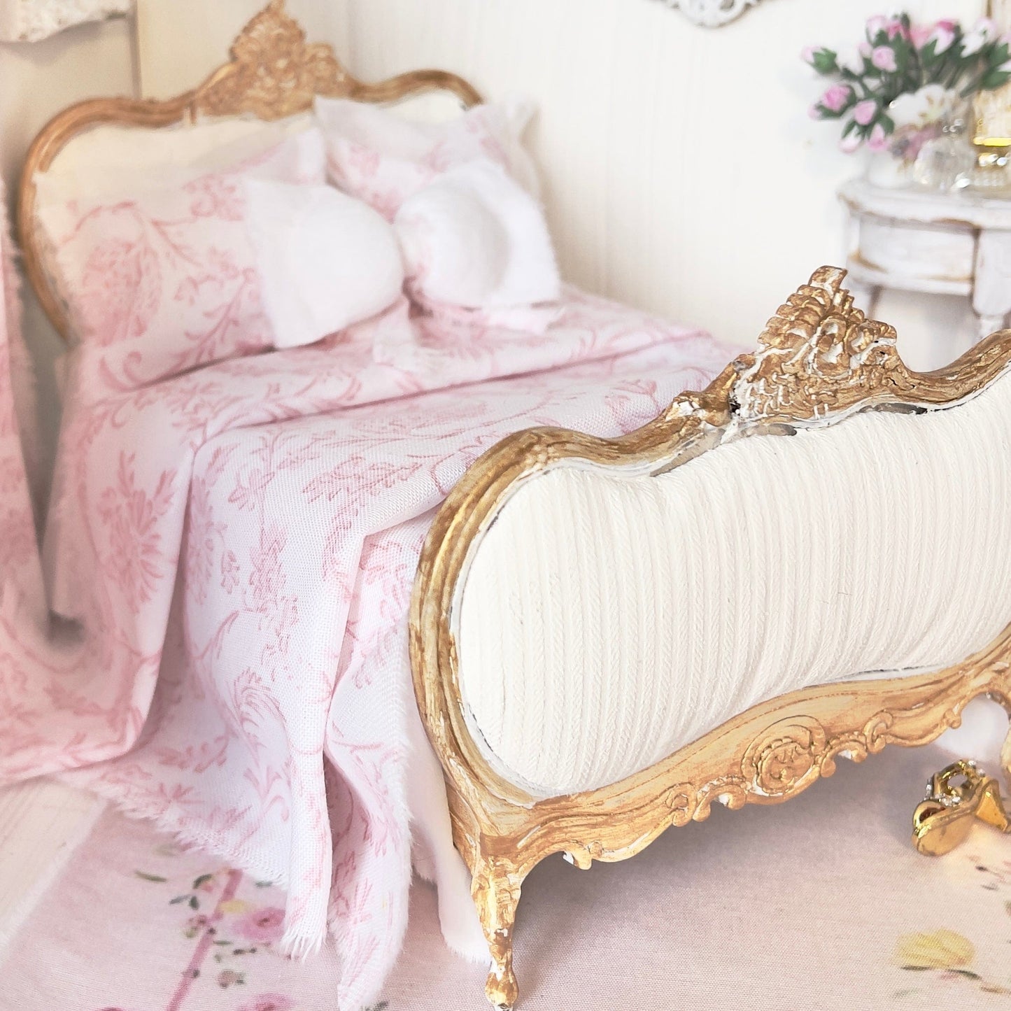 Chantallena Doll House Jardin de Toile | Pink Chinoiserie Scroll and White Cotton Bedding Set