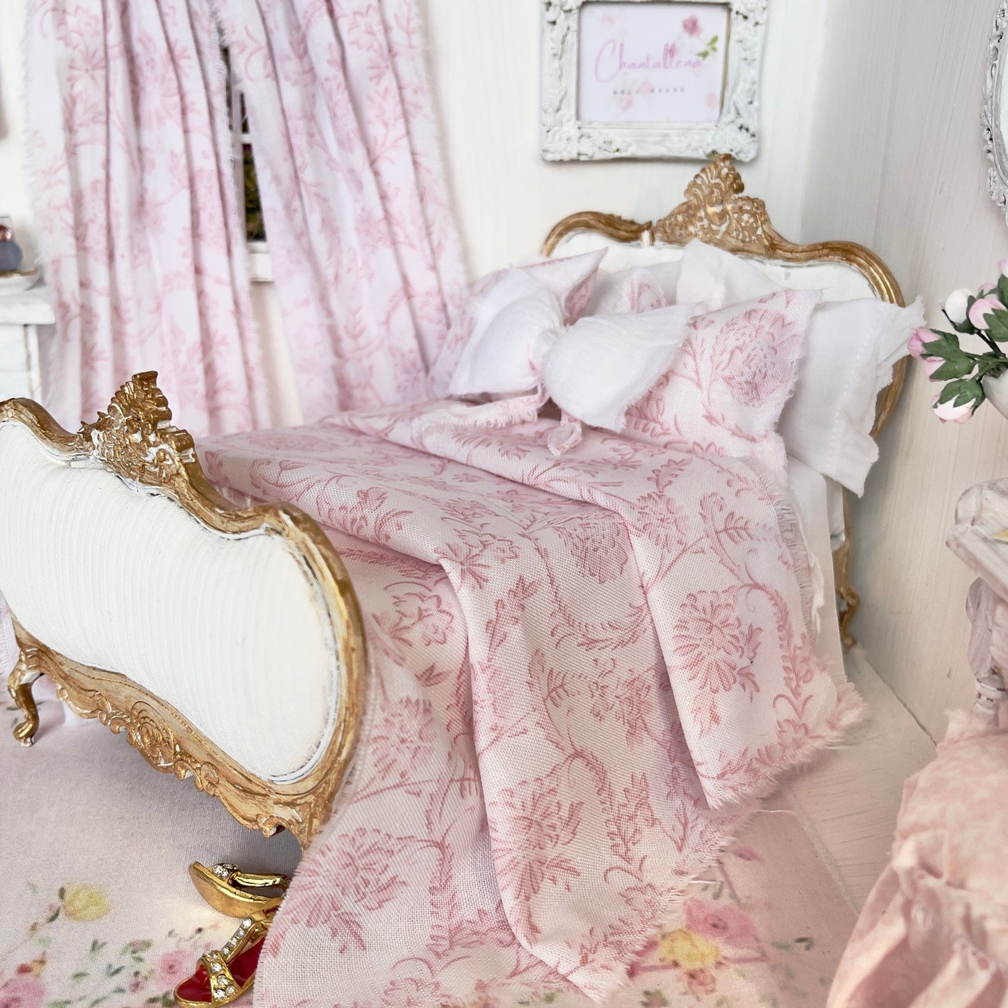 Chantallena Doll House Jardin de Toile | Pink Chinoiserie Scroll and White Cotton Bedding Set