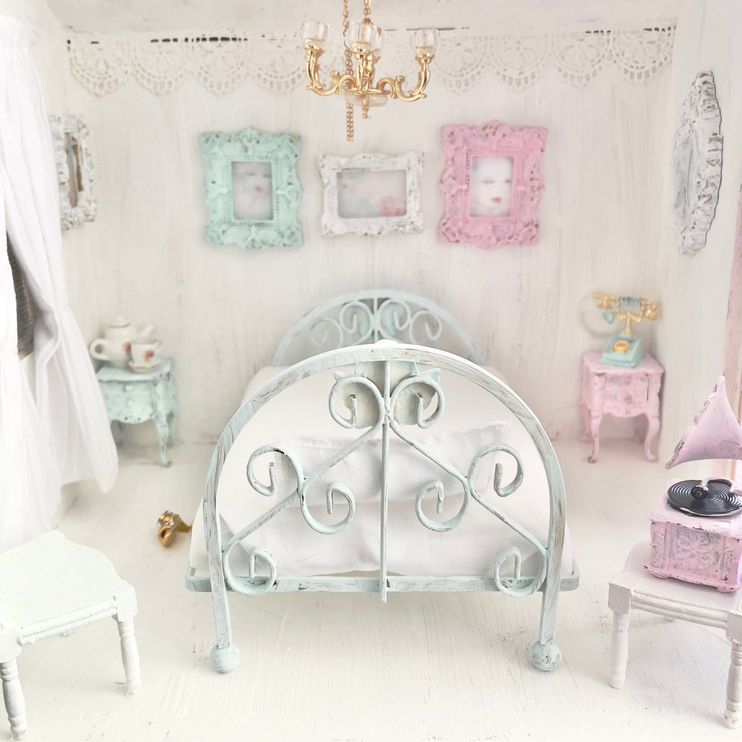 Chantallena Doll House Mint Green Ornate Full Metal Bed with Cherub Accents-1:12 Scale | Bare Romance