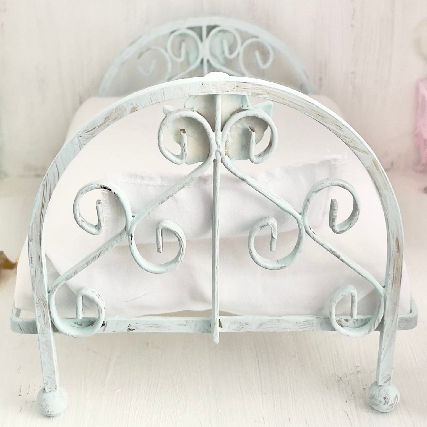 Chantallena Doll House Mint Green Ornate Full Metal Bed with Cherub Accents-1:12 Scale | Bare Romance