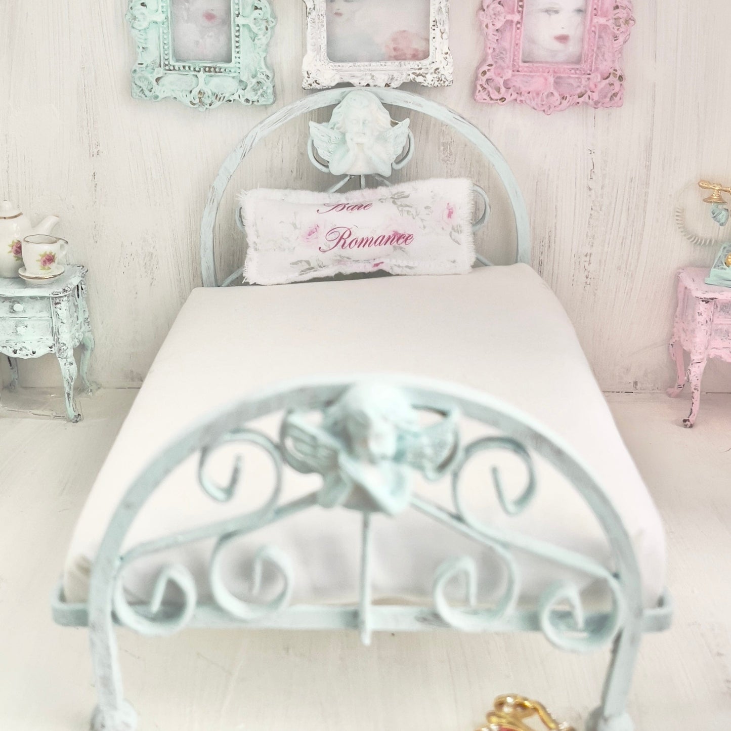 Chantallena Doll House Mint Green Ornate Full Metal Bed with Cherub Accents-1:12 Scale | Bare Romance