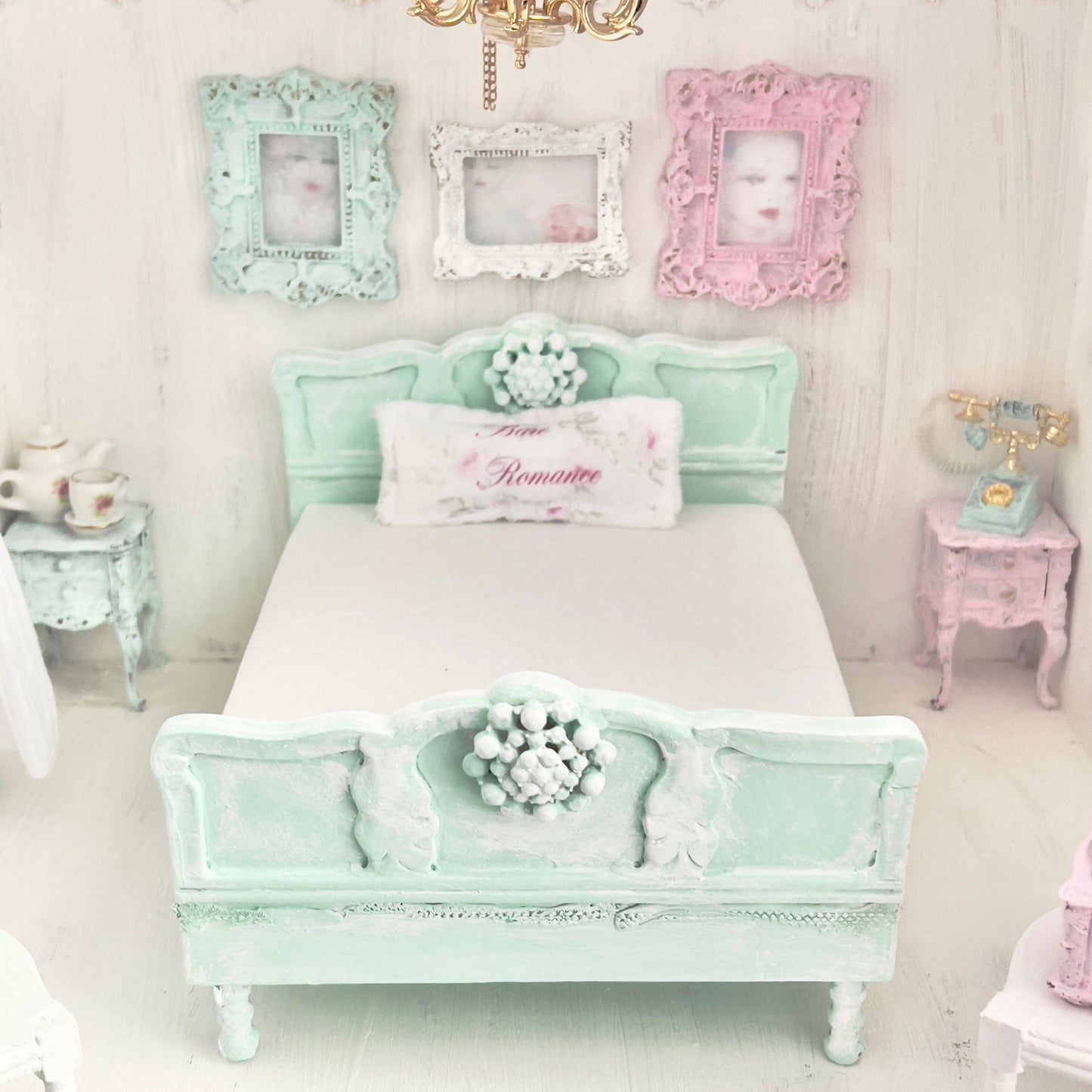 Chantallena Doll House Mint Green Painted Full Bed with Charm Accent - 1:12 Scale |Bare Romance