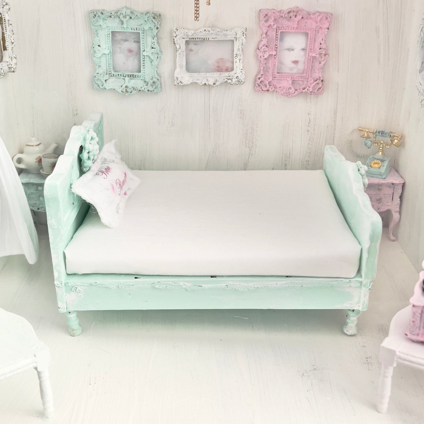 Chantallena Doll House Mint Green Painted Full Bed with Charm Accent - 1:12 Scale |Bare Romance