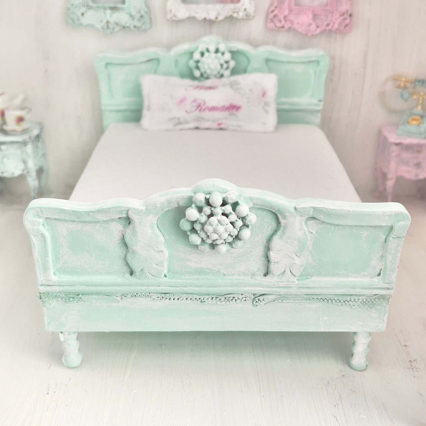 Chantallena Doll House Mint Green Painted Full Bed with Charm Accent - 1:12 Scale |Bare Romance