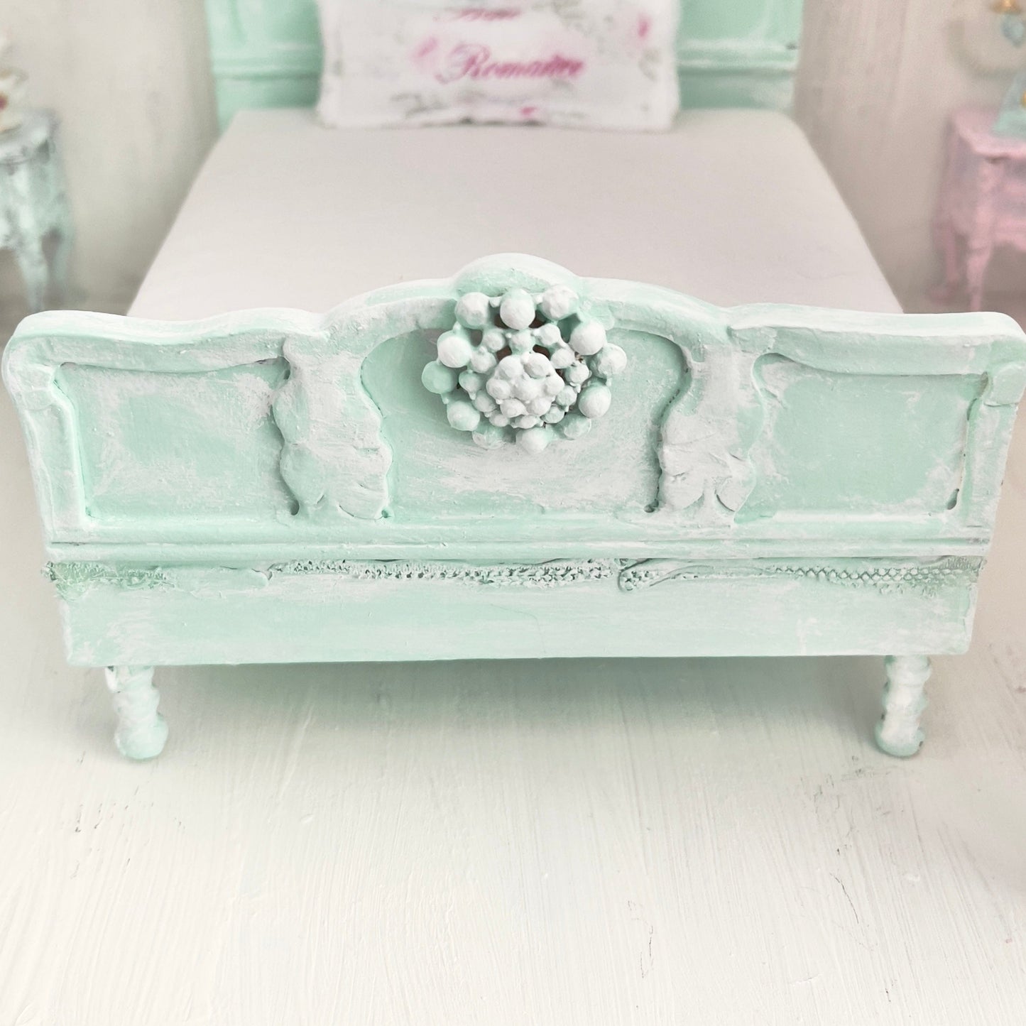 Chantallena Doll House Mint Green Painted Full Bed with Charm Accent - 1:12 Scale |Bare Romance