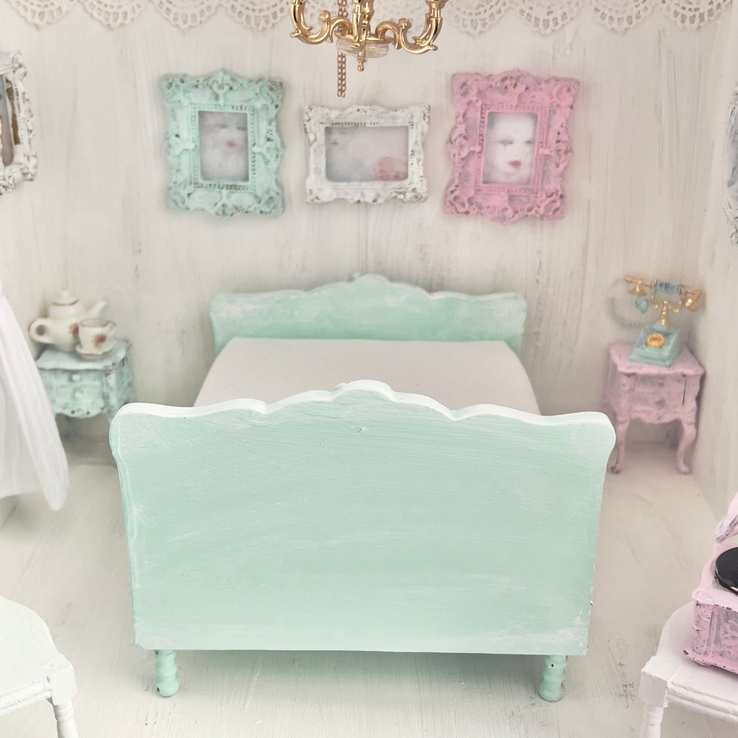 Chantallena Doll House Mint Green Painted Full Bed with Charm Accent - 1:12 Scale |Bare Romance