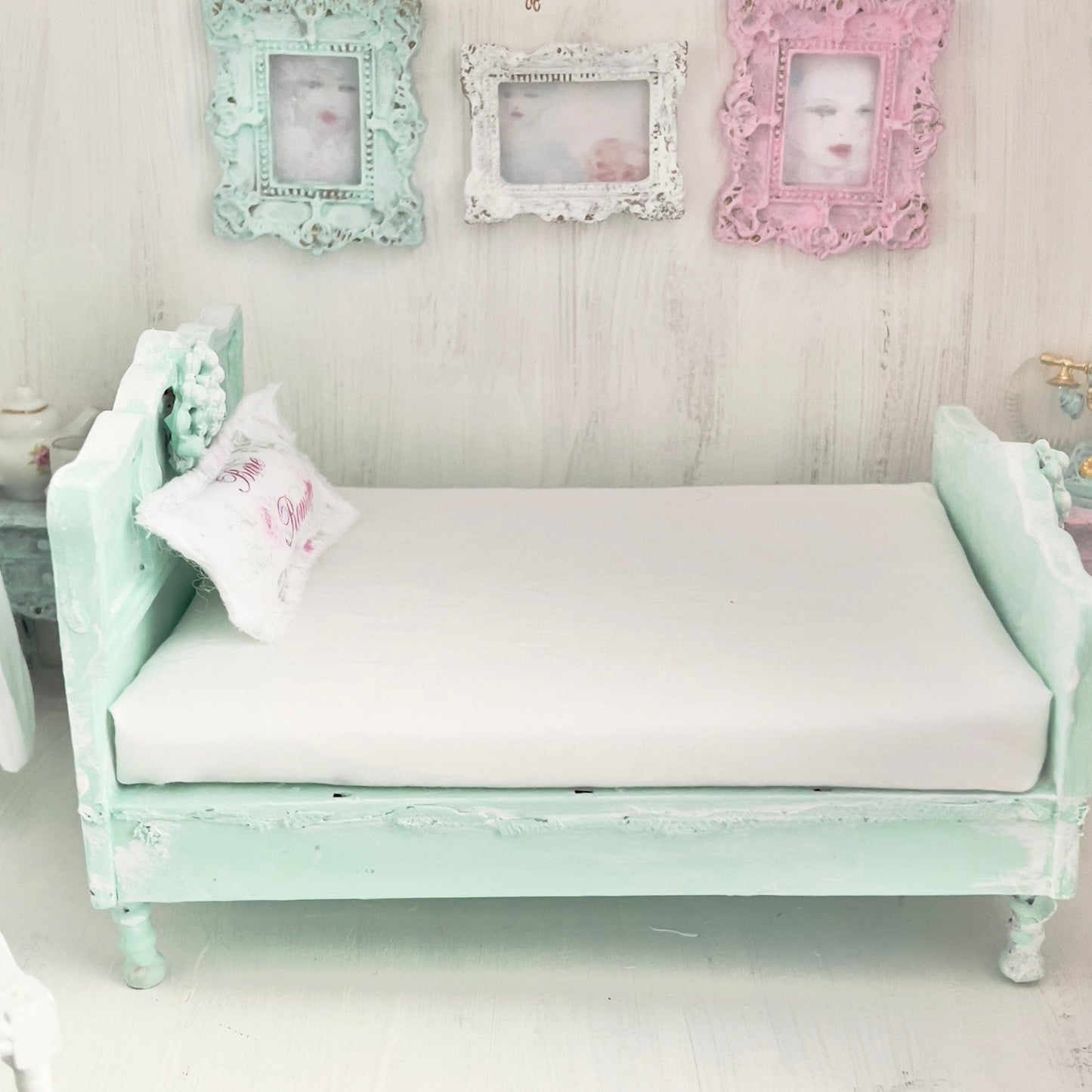 Chantallena Doll House Mint Green Painted Full Bed with Charm Accent - 1:12 Scale |Bare Romance
