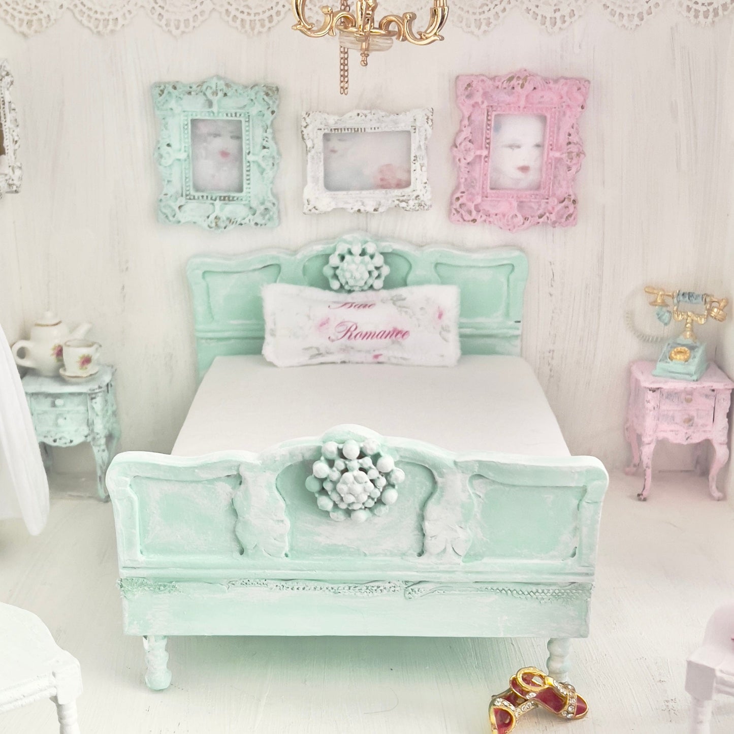 Chantallena Doll House Mint Green Painted Full Bed with Charm Accent - 1:12 Scale |Bare Romance