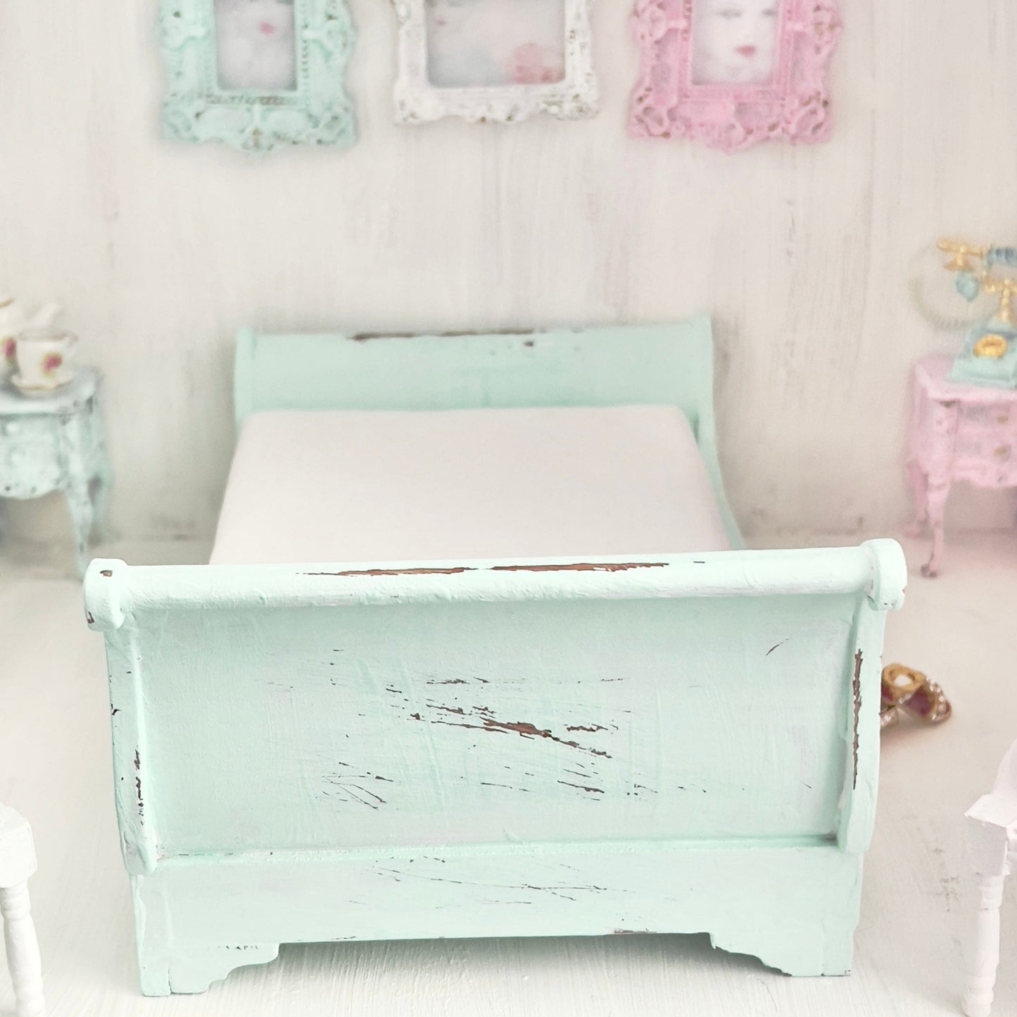 Chantallena Doll House Mint Green Painted Full Sleigh Bed - 1:12 Scale |Bare Romance