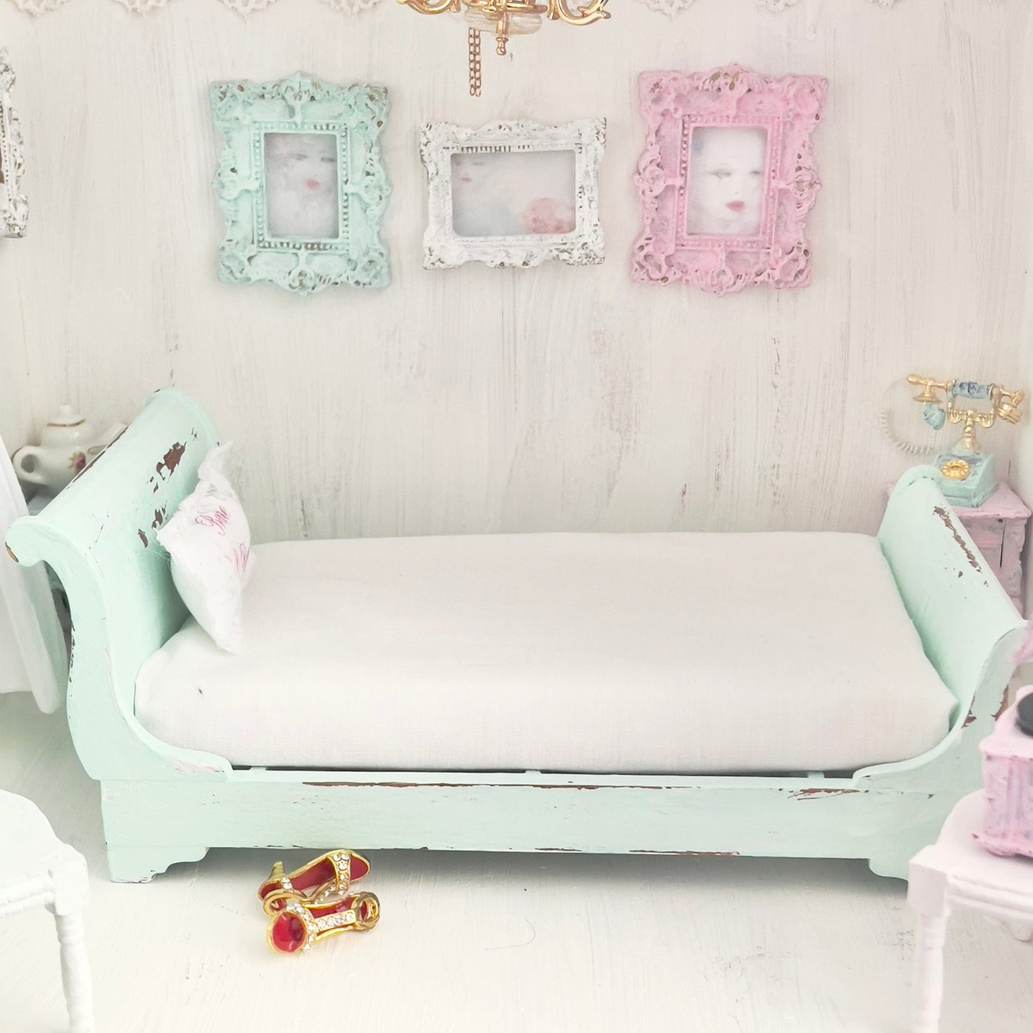 Chantallena Doll House Mint Green Painted Full Sleigh Bed - 1:12 Scale |Bare Romance