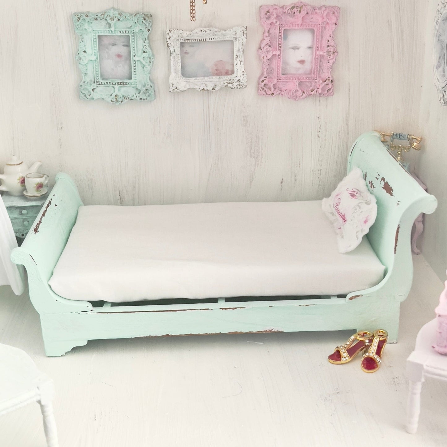 Chantallena Doll House Mint Green Painted Full Sleigh Bed - 1:12 Scale |Bare Romance