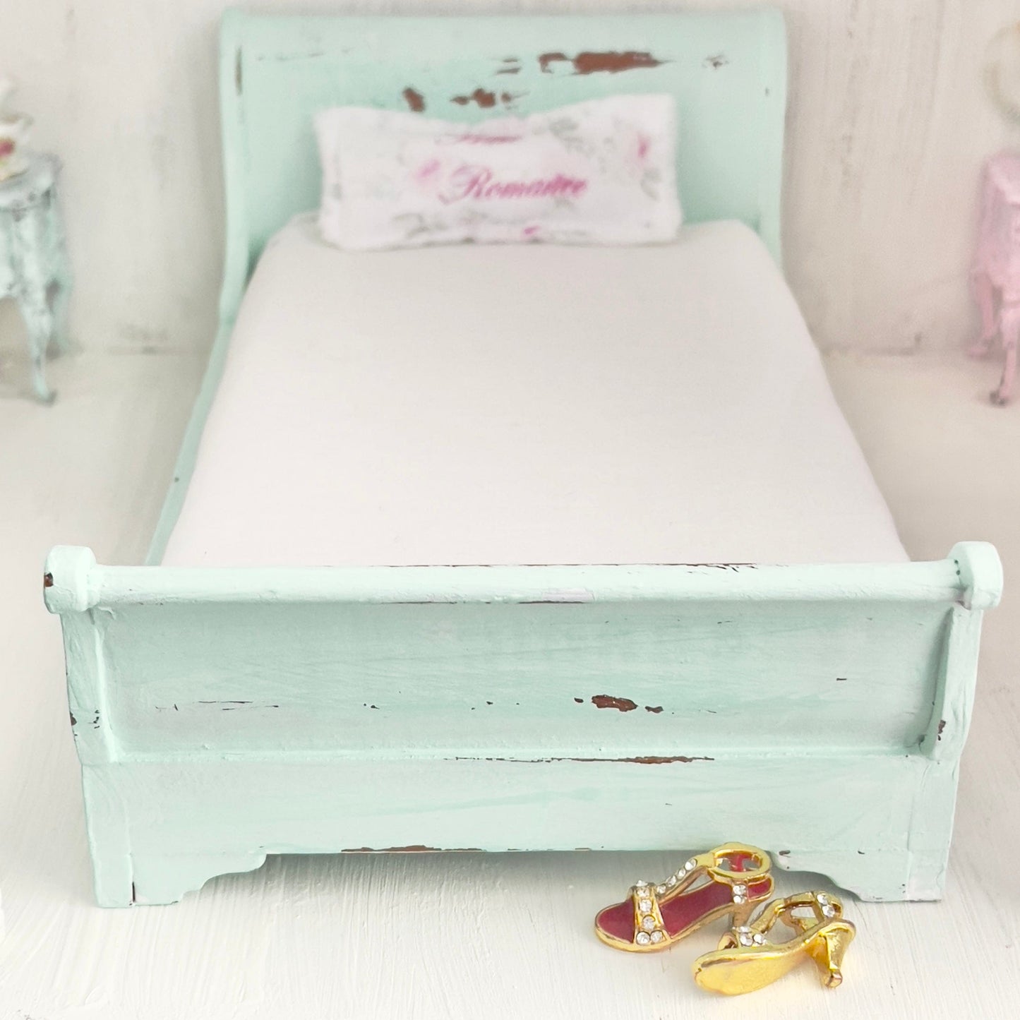 Chantallena Doll House Mint Green Painted Full Sleigh Bed - 1:12 Scale |Bare Romance