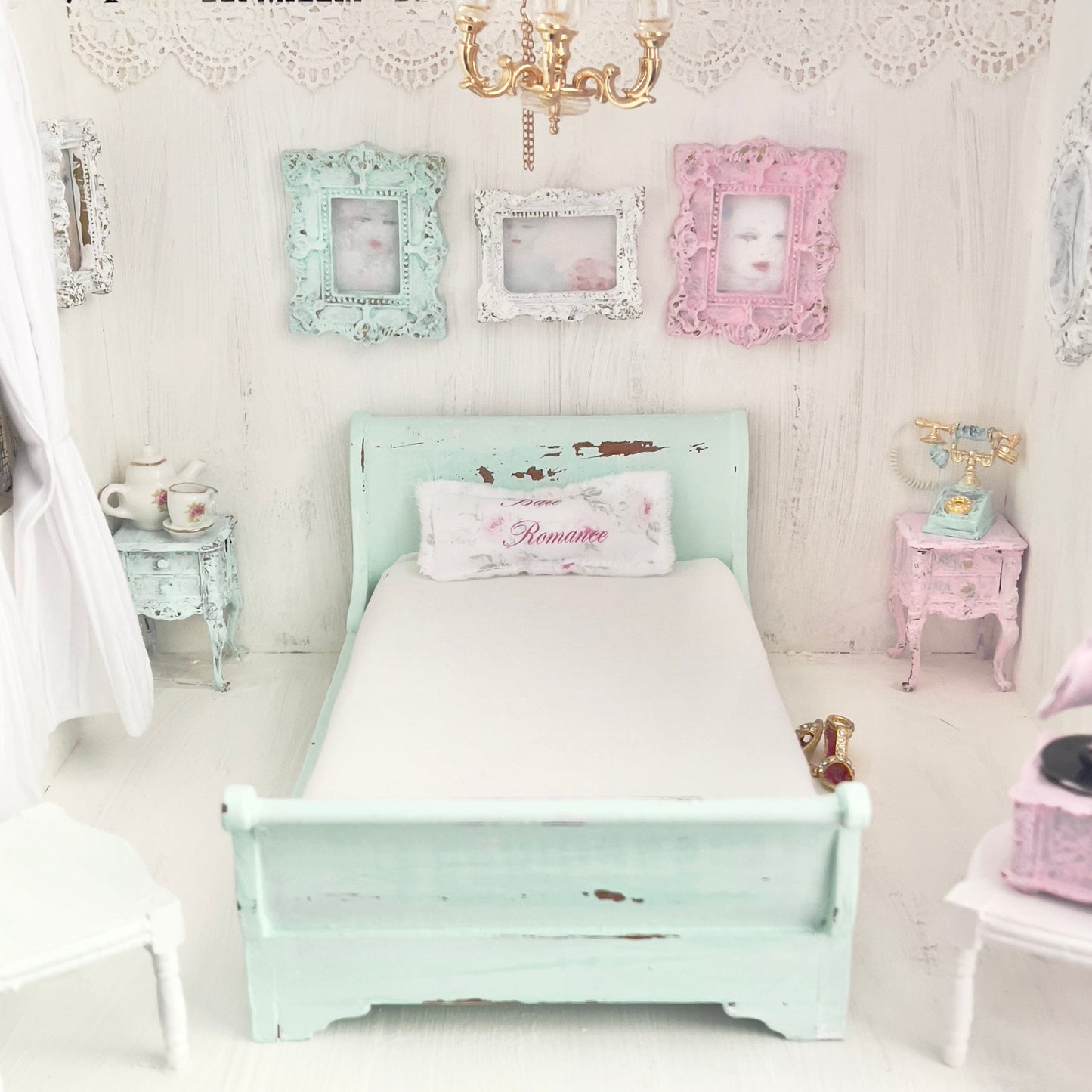 Chantallena Doll House Mint Green Painted Full Sleigh Bed - 1:12 Scale |Bare Romance