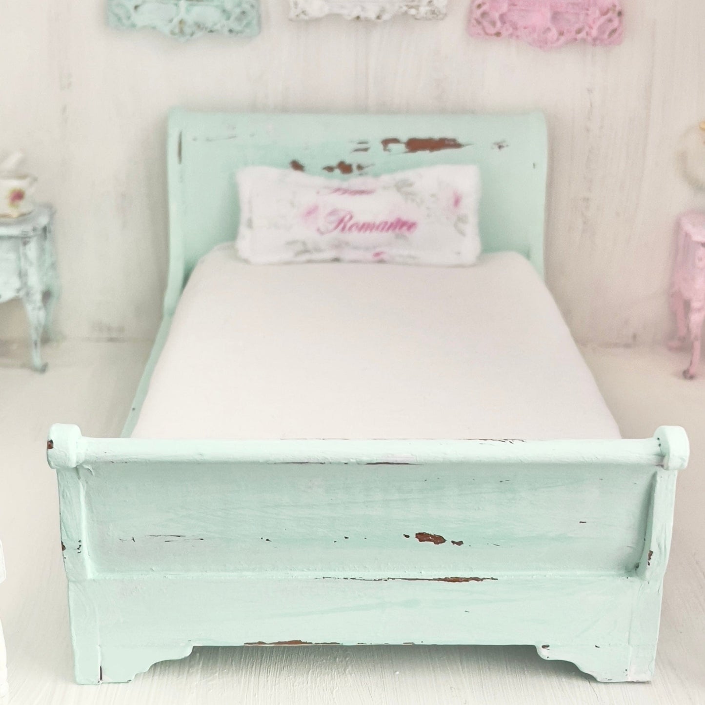 Chantallena Doll House Mint Green Painted Full Sleigh Bed - 1:12 Scale |Bare Romance