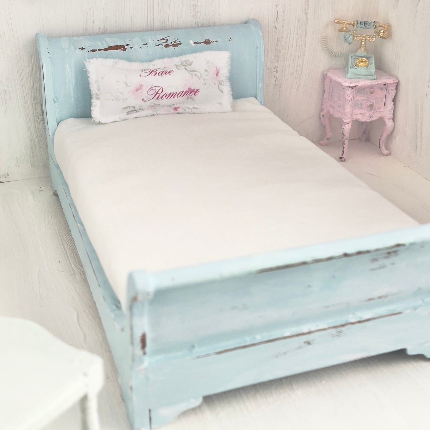 Chantallena Doll House Pale Blue Painted Full Sleigh Bed - 1:12 Scale |Bare Romance
