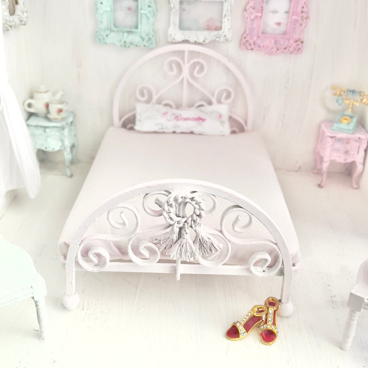 Chantallena Doll House Pink Ornate Metal Full Bed- 1:12 Scale Bed |Bare Romance