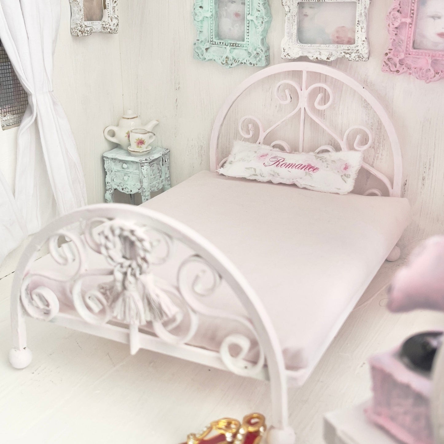 Chantallena Doll House Pink Ornate Metal Full Bed- 1:12 Scale Bed |Bare Romance