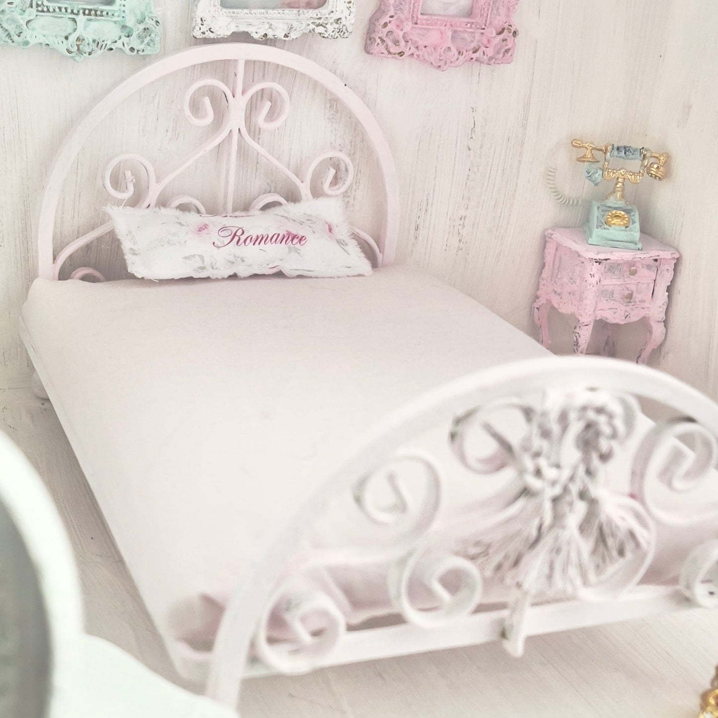 Chantallena Doll House Pink Ornate Metal Full Bed- 1:12 Scale Bed |Bare Romance