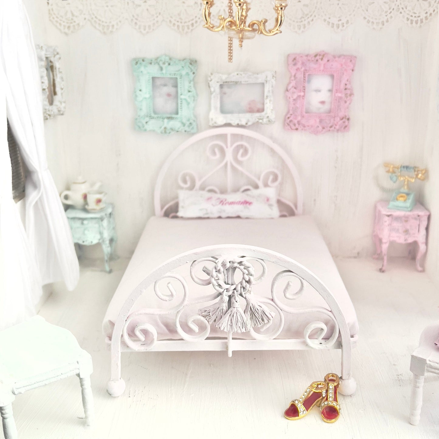 Chantallena Doll House Pink Ornate Metal Full Bed- 1:12 Scale Bed |Bare Romance