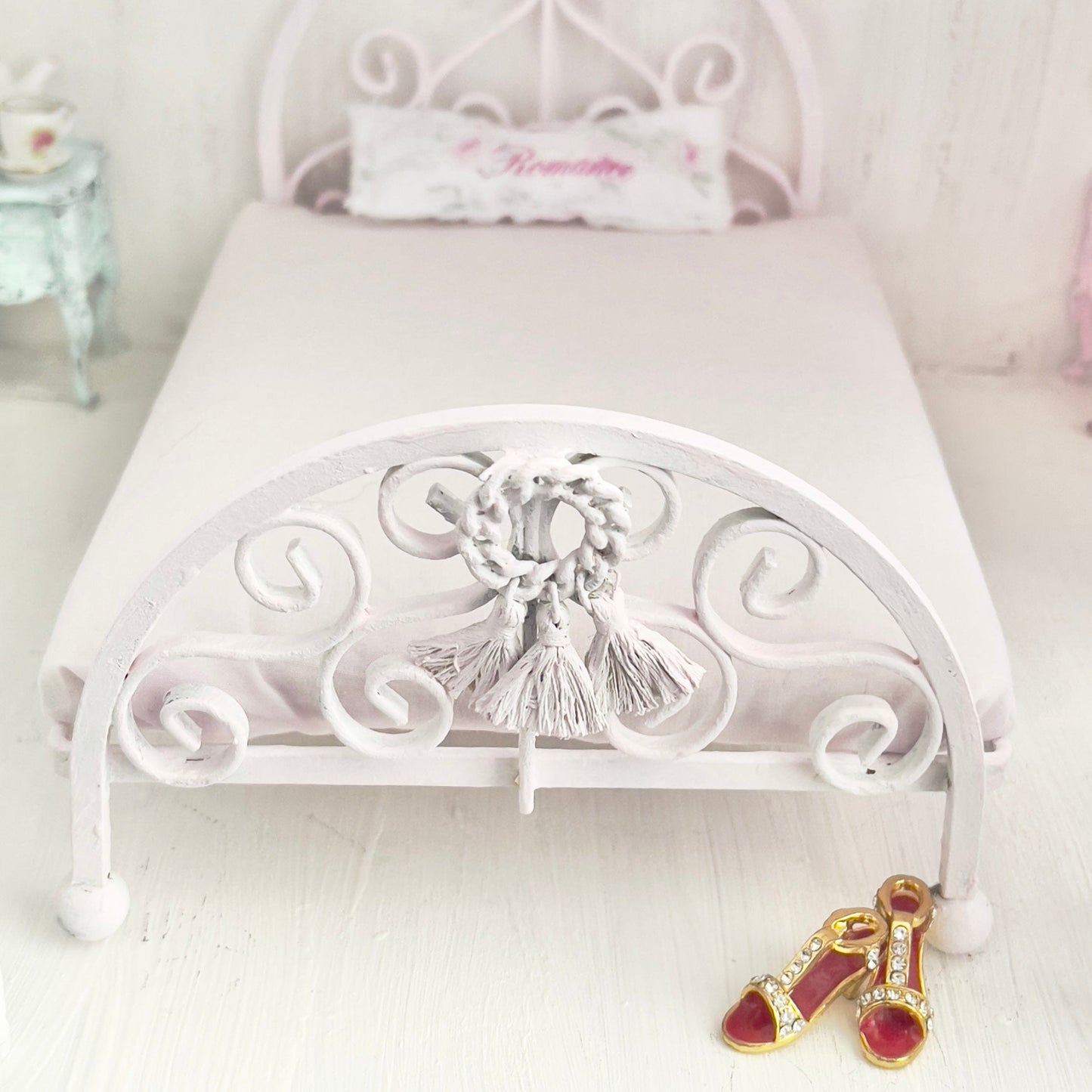 Chantallena Doll House Pink Ornate Metal Full Bed- 1:12 Scale Bed |Bare Romance