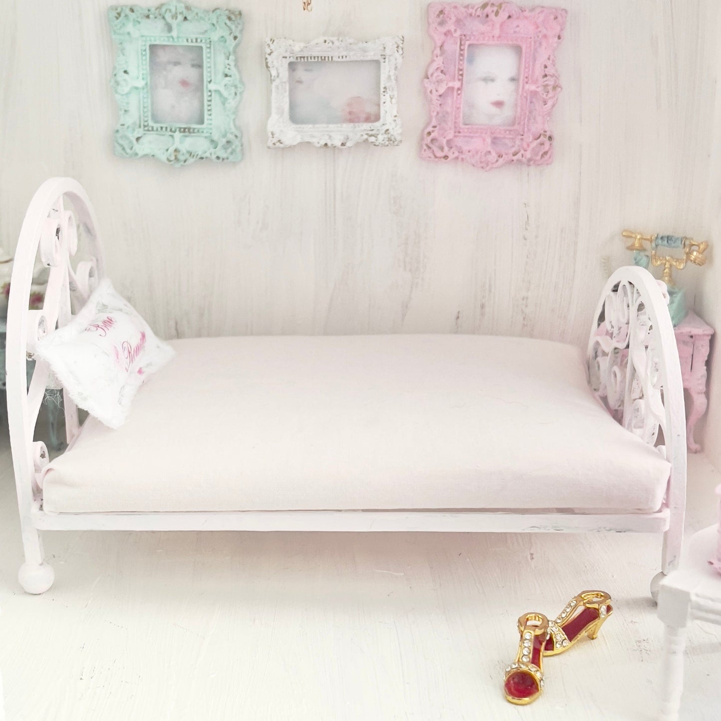 Chantallena Doll House Pink Ornate Metal Full Bed- 1:12 Scale Bed |Bare Romance