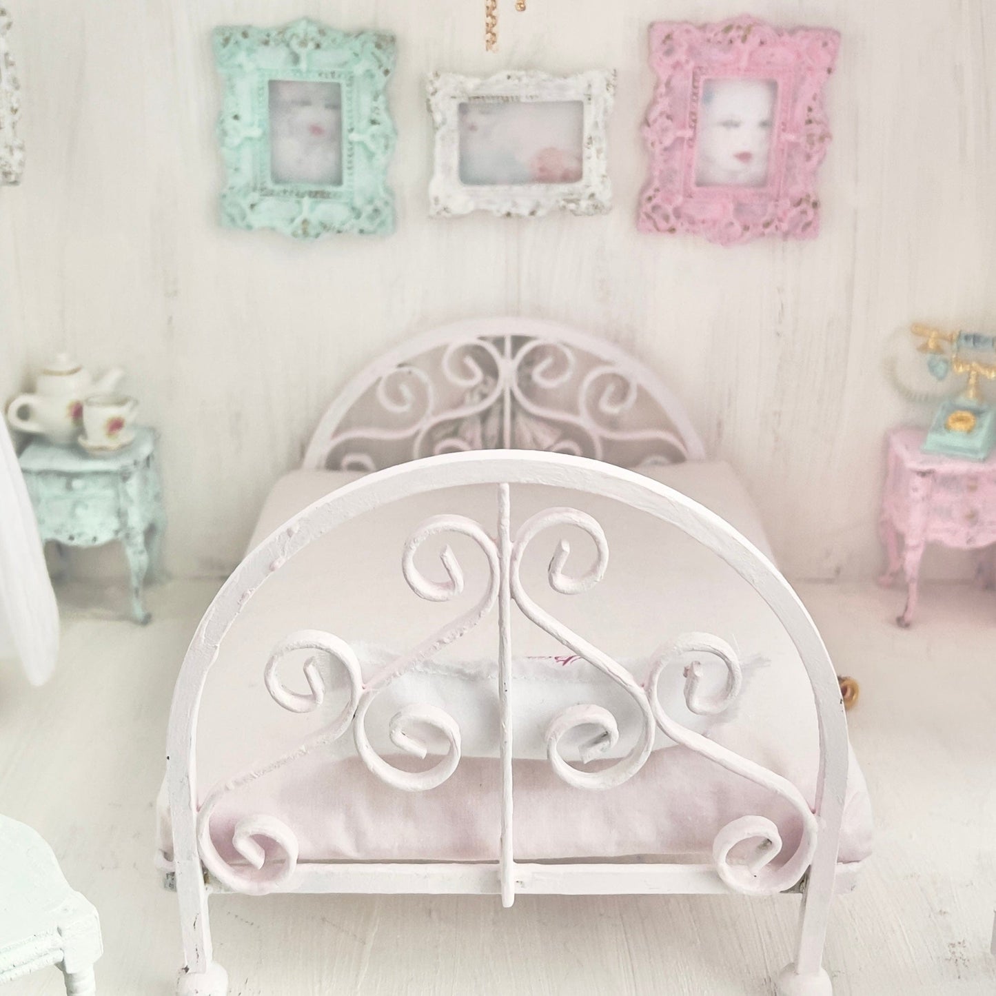 Chantallena Doll House Pink Ornate Metal Full Bed- 1:12 Scale Bed |Bare Romance