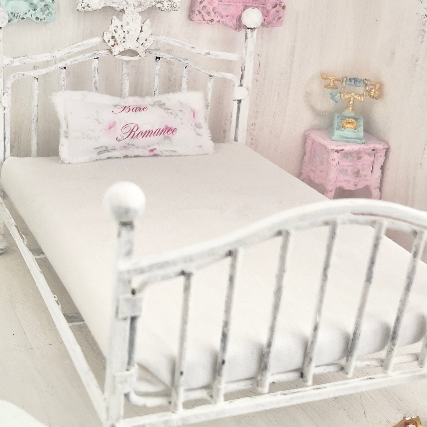 Chantallena Doll House White Distressed Painted Metal with Crown Double Bed- 1:12 Scale |Bare Romance