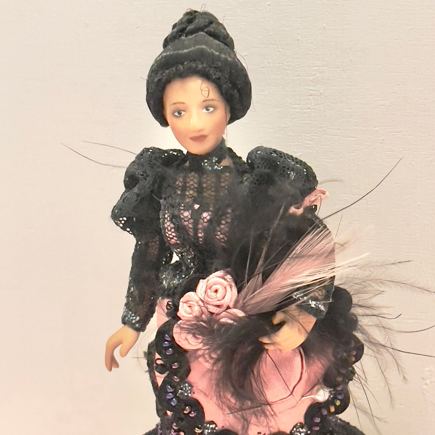 CHANTALLENA Doll Mélange| Porcelain Victorian Female Doll in Black Lace and Pink Satin 1:12 Scale Dollhouse Doll