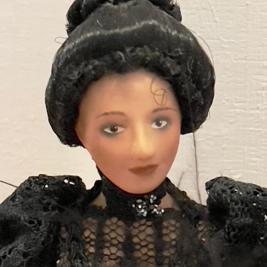 CHANTALLENA Doll Mélange| Porcelain Victorian Female Doll in Black Lace and Pink Satin 1:12 Scale Dollhouse Doll