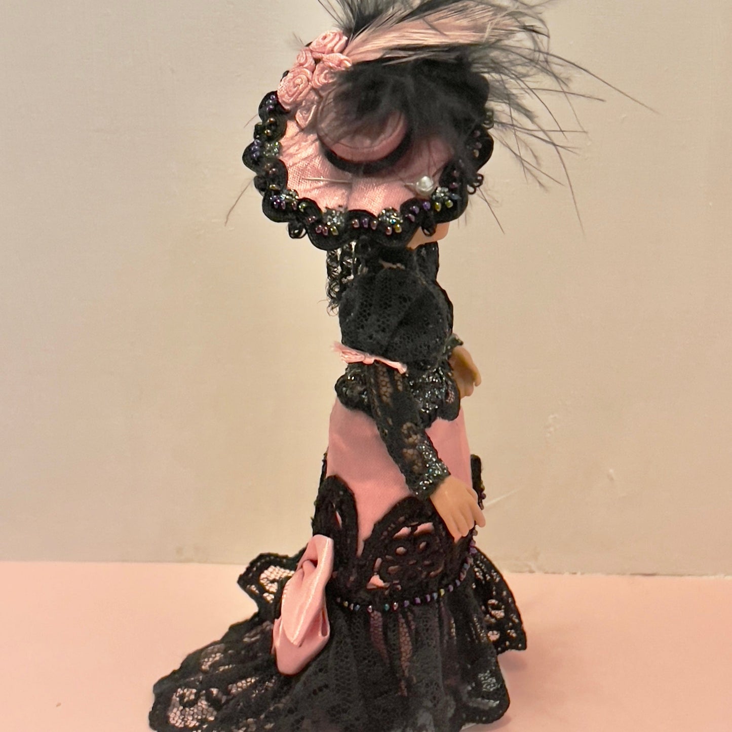 CHANTALLENA Doll Mélange| Porcelain Victorian Female Doll in Black Lace and Pink Satin 1:12 Scale Dollhouse Doll