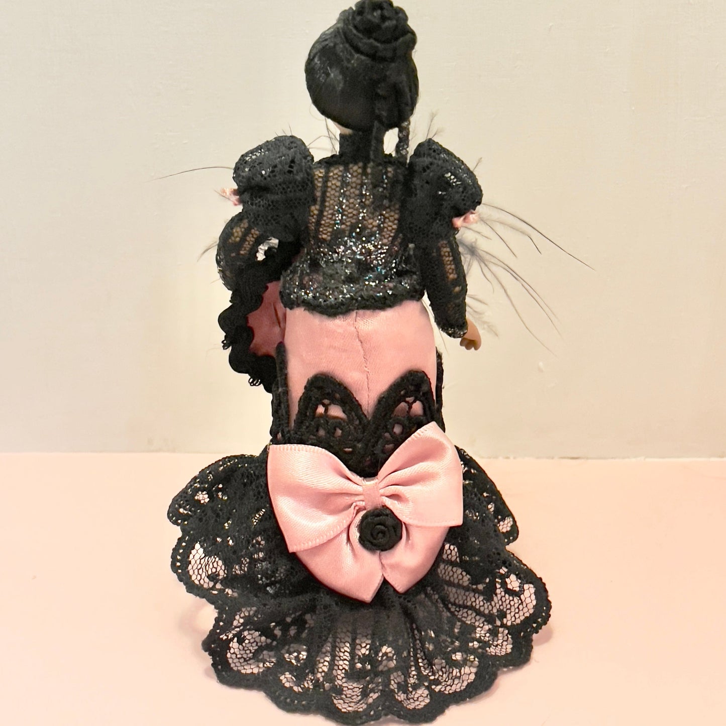 CHANTALLENA Doll Mélange| Porcelain Victorian Female Doll in Black Lace and Pink Satin 1:12 Scale Dollhouse Doll