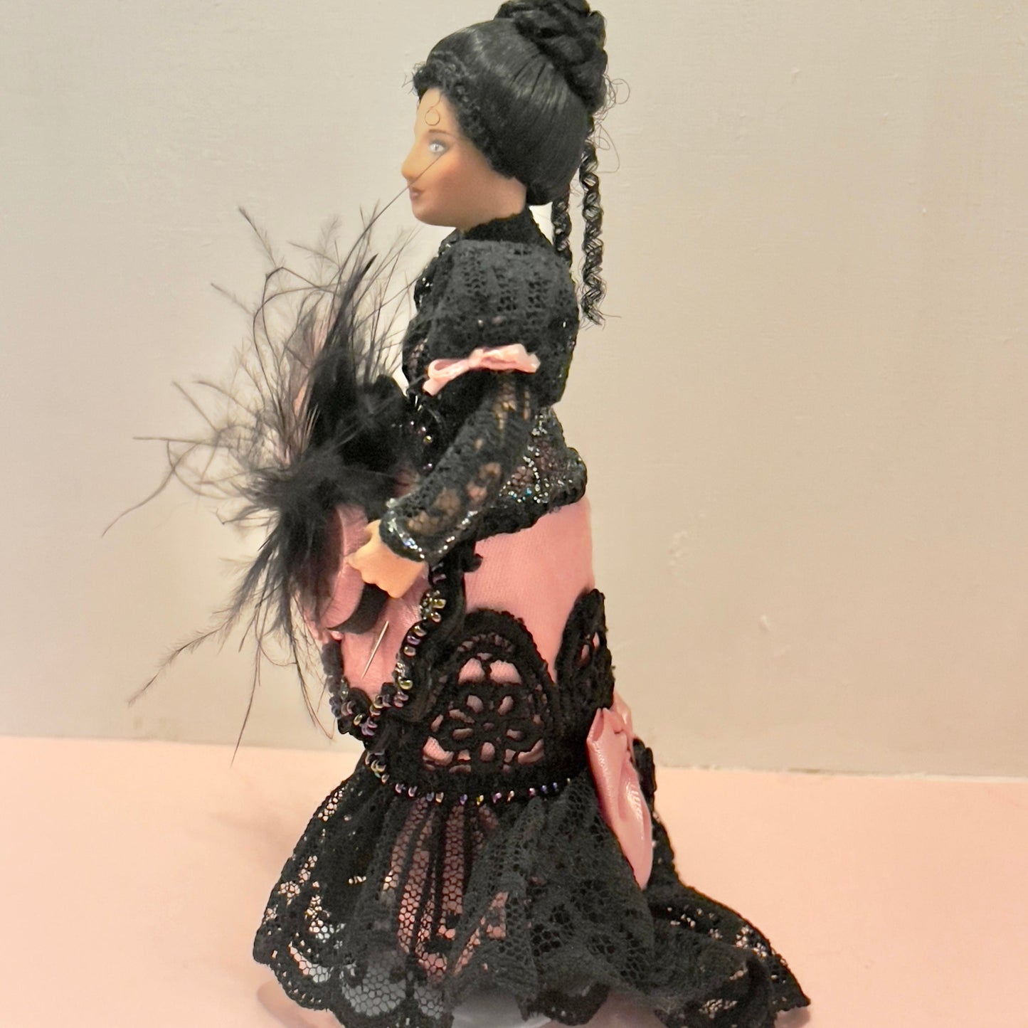 CHANTALLENA Doll Mélange| Porcelain Victorian Female Doll in Black Lace and Pink Satin 1:12 Scale Dollhouse Doll