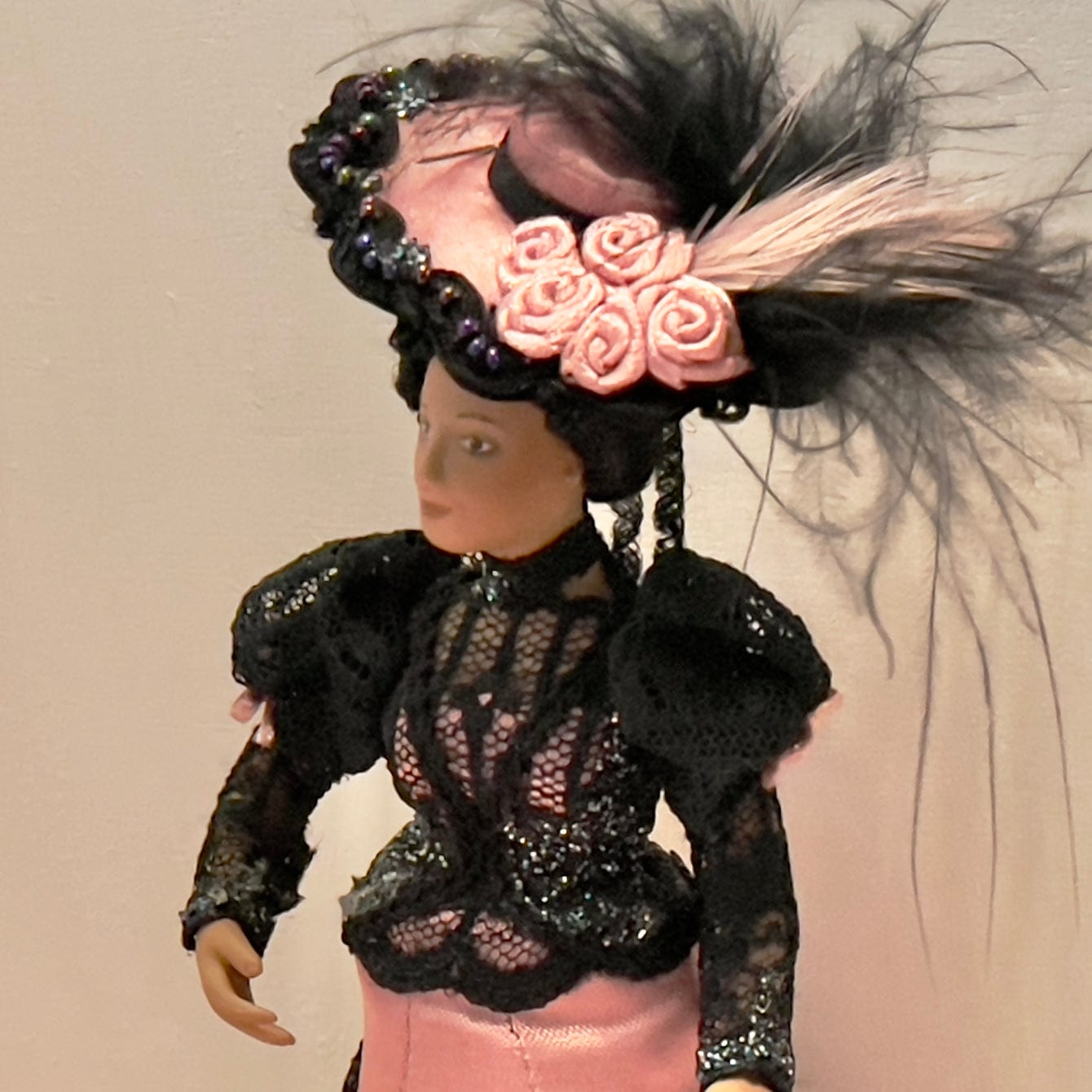 CHANTALLENA Doll Mélange| Porcelain Victorian Female Doll in Black Lace and Pink Satin 1:12 Scale Dollhouse Doll