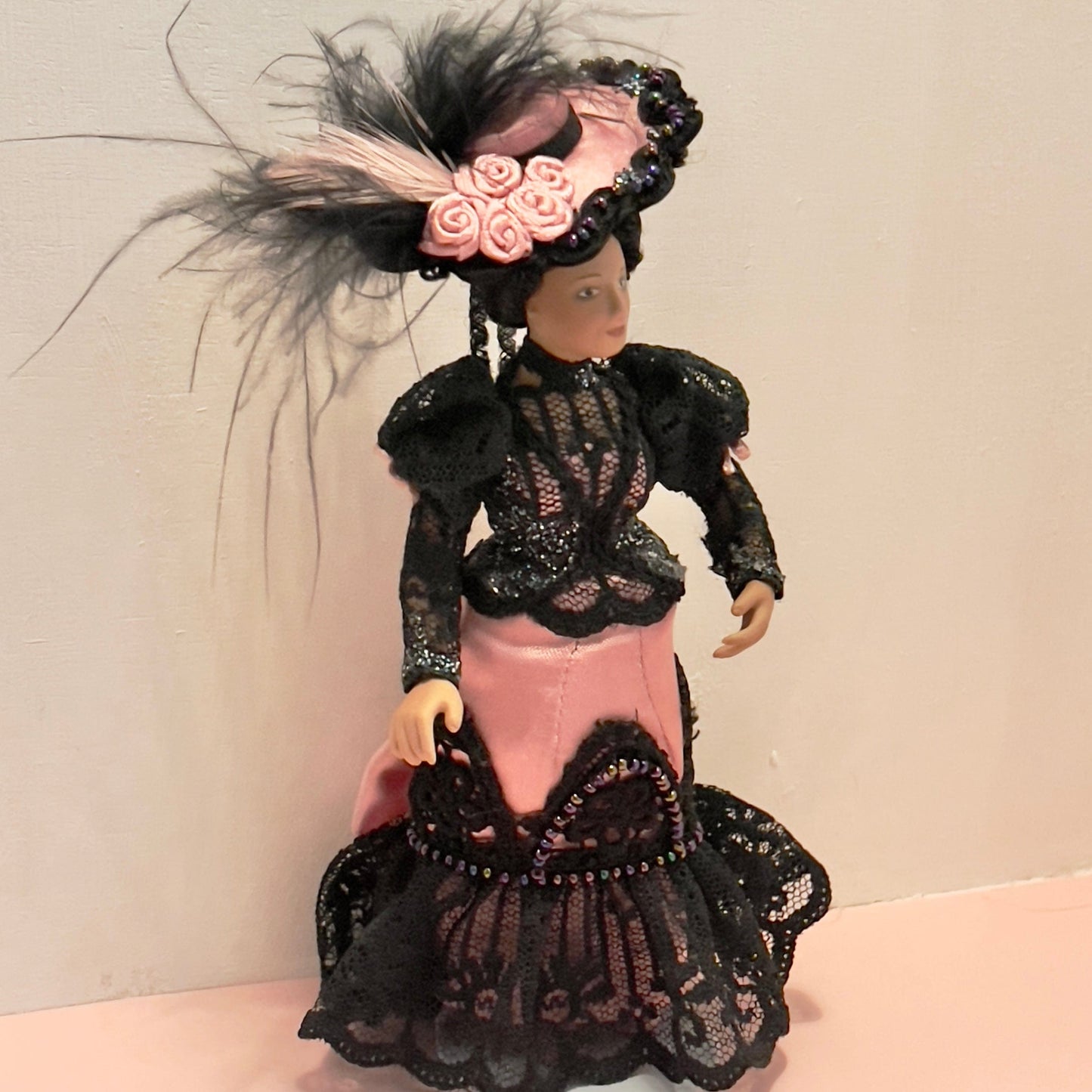 CHANTALLENA Doll Mélange| Porcelain Victorian Female Doll in Black Lace and Pink Satin 1:12 Scale Dollhouse Doll