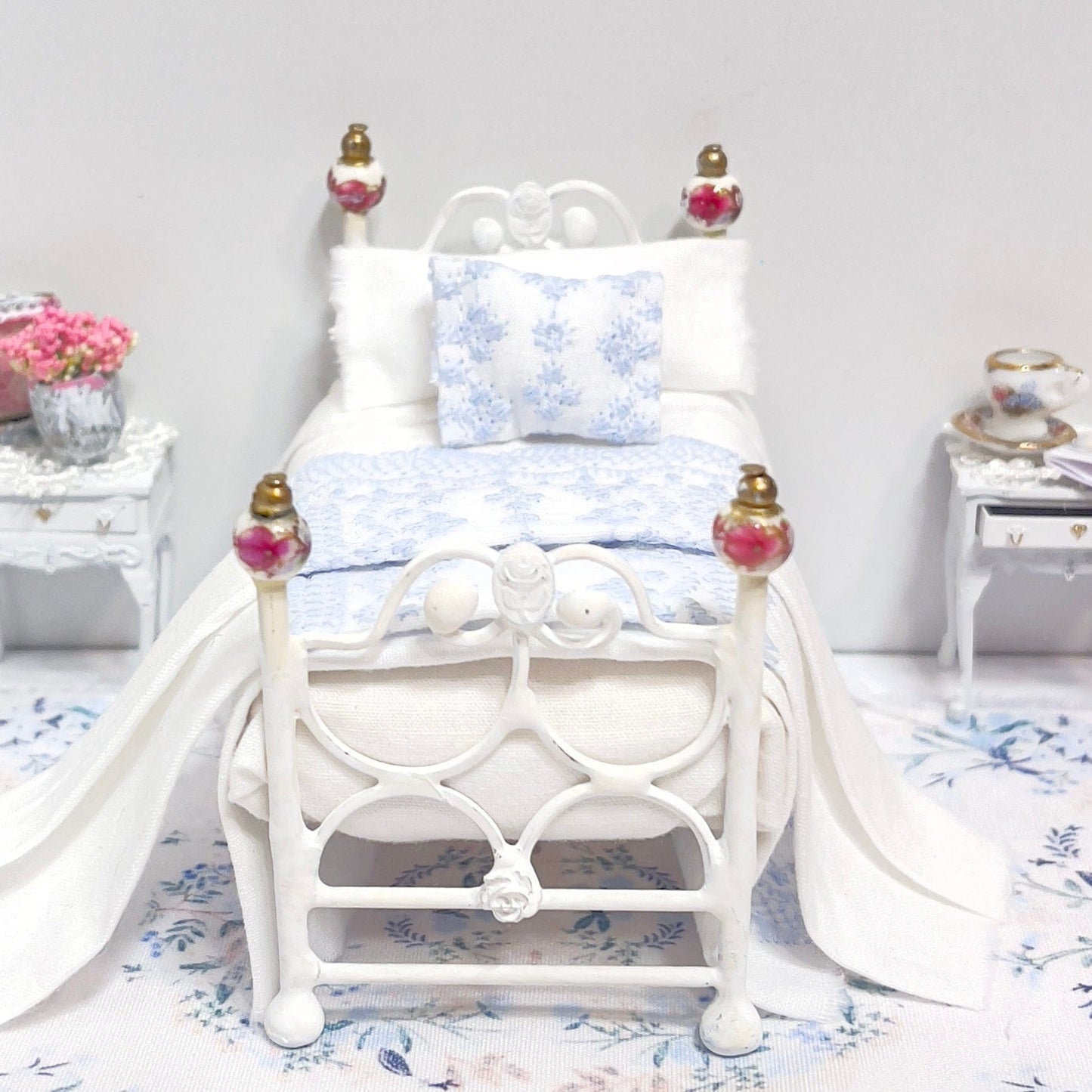 CHANTALLENA Dollhouse Accessories 1:24 Scale | Five Piece Blue Embroidered Cotton Dollhouse Bedding Set | Petite Abigail
